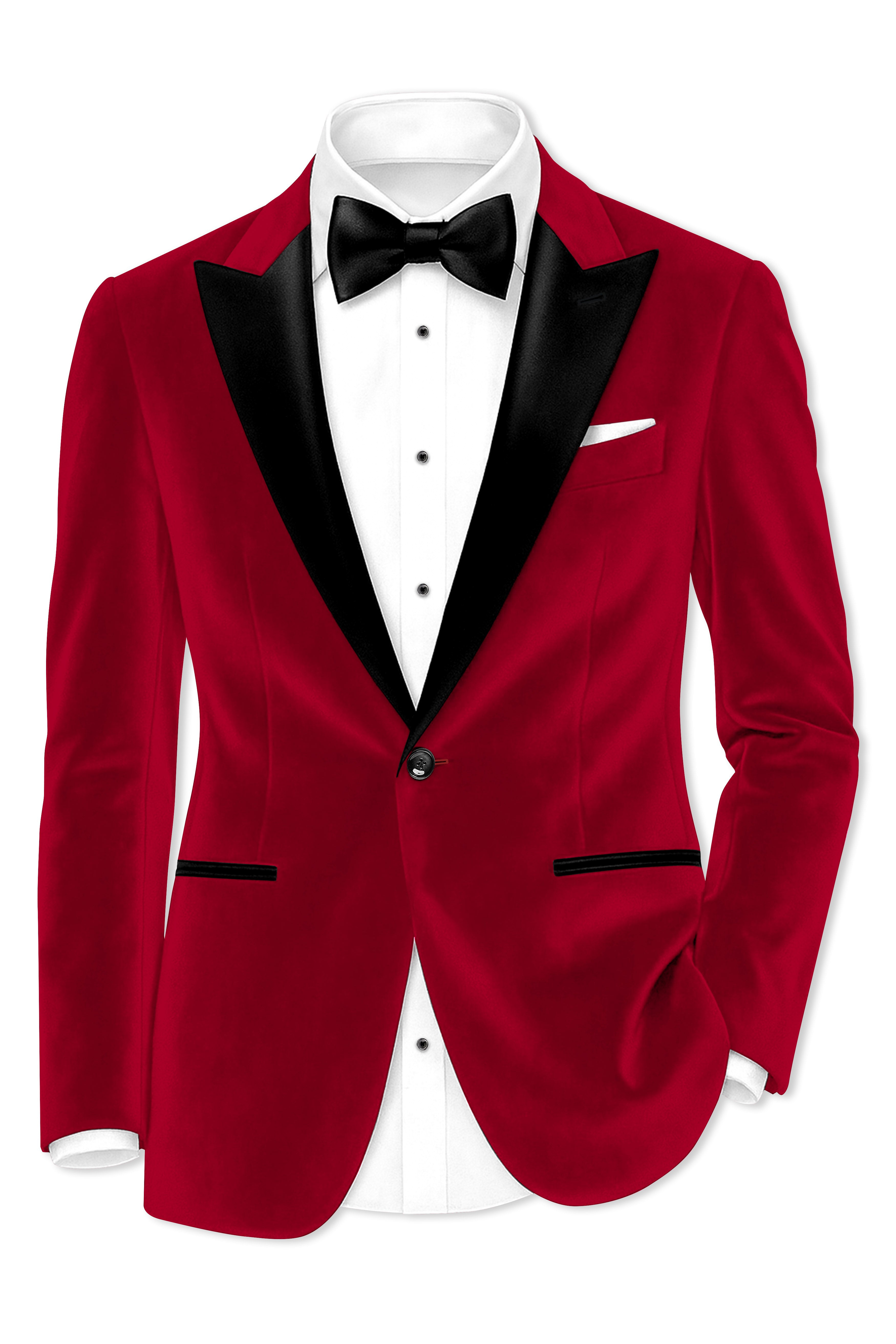 Rubivell-Carmine Red Velvet Peak Lapel Tuxedo Blazer