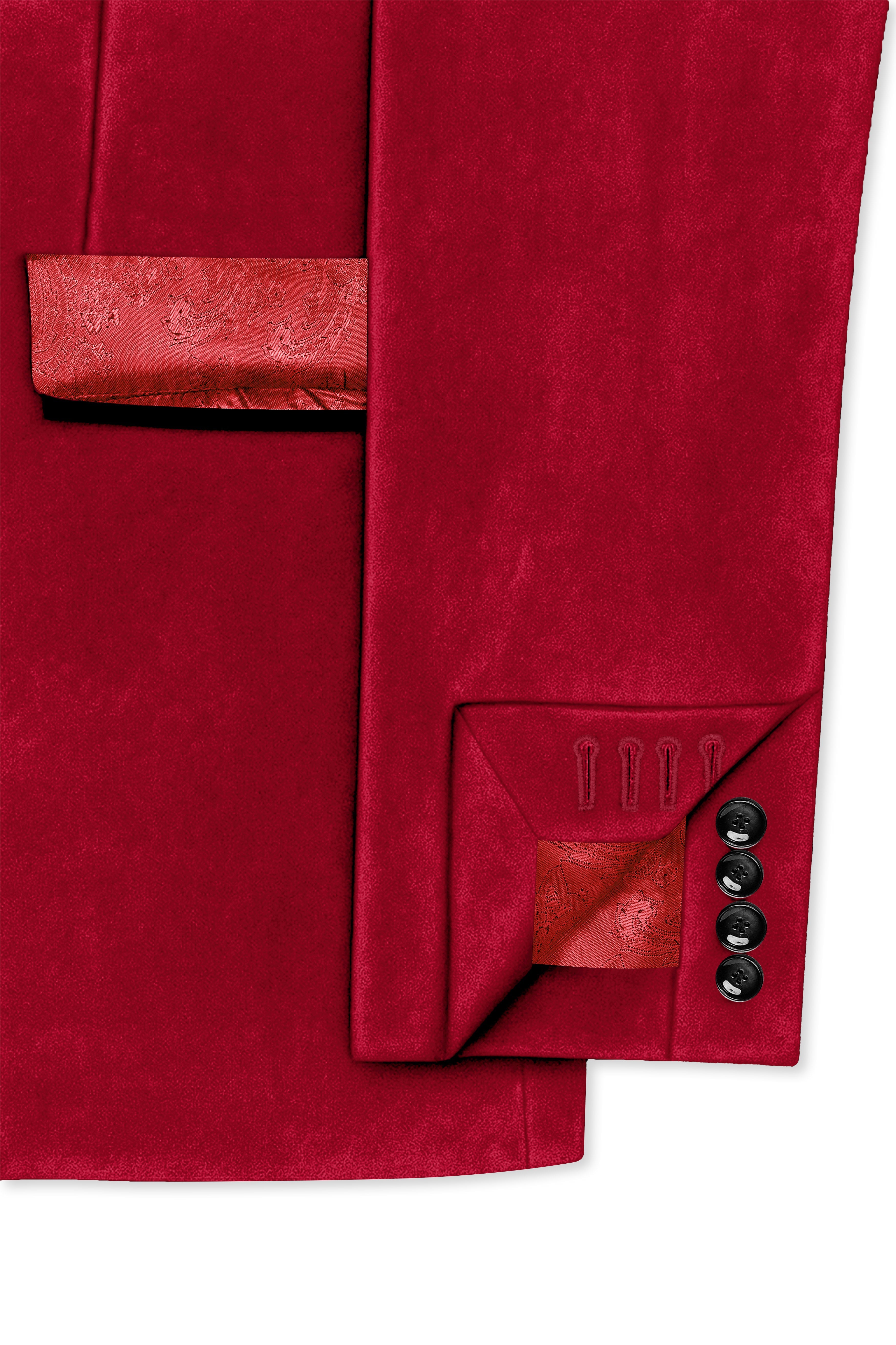 Rubivell-Carmine Red Velvet Peak Lapel Tuxedo Blazer