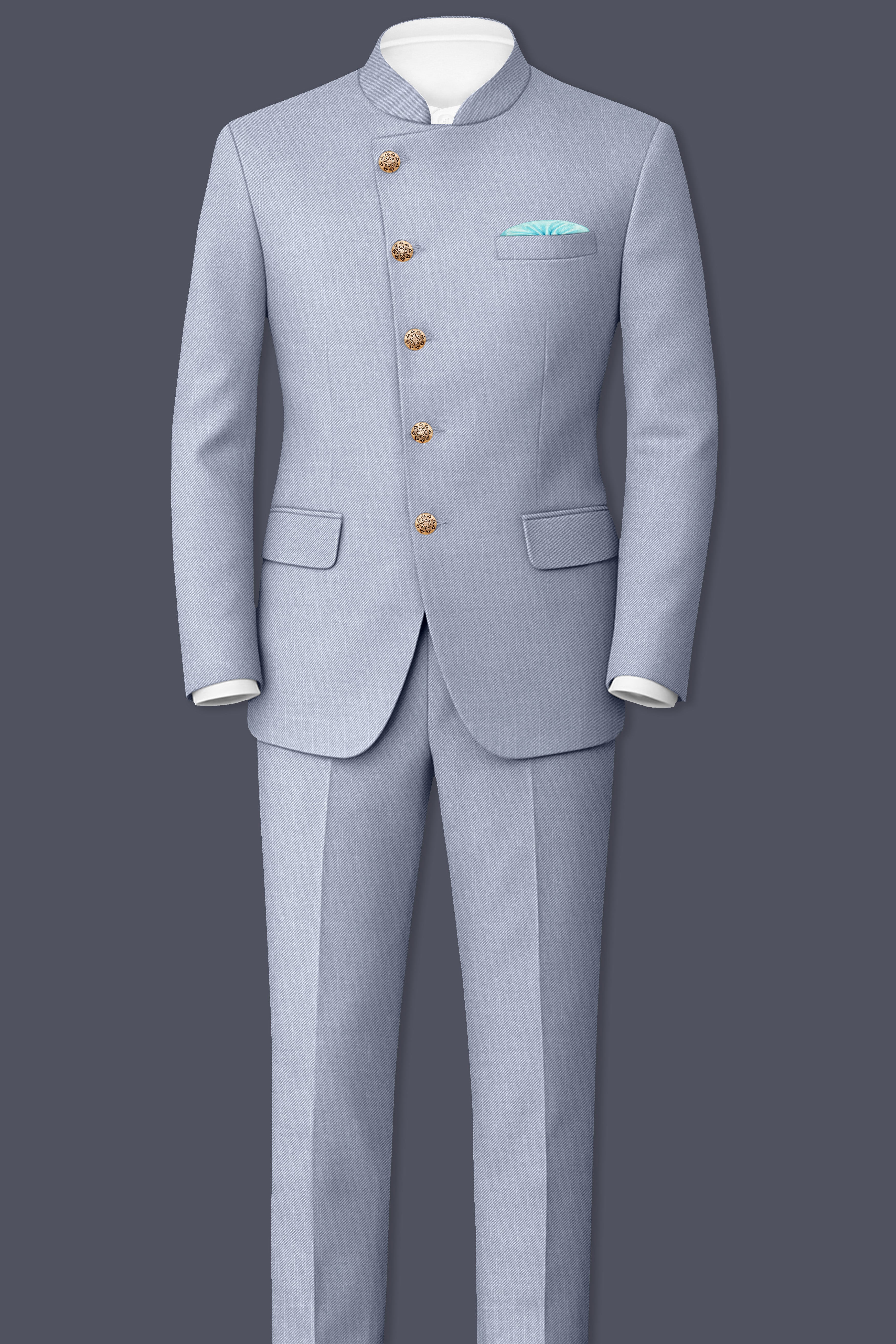 Mistivell-Mountain Mist Gray Wool Rich Cross Placket Bandhgala Stretchable traveler Blazer