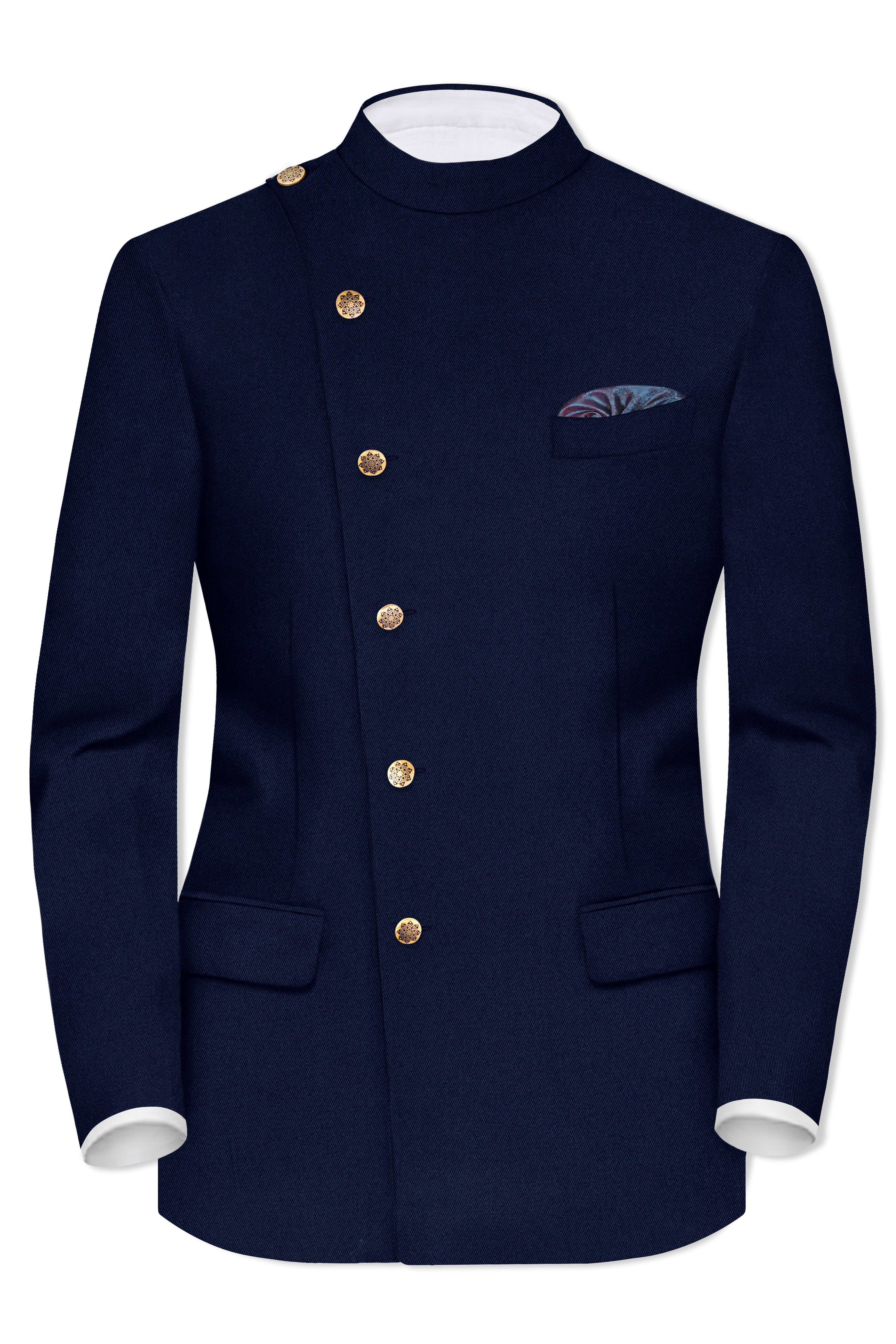 Indavor-Cinder Blue Wool Rich Cross Placket Bandhgala Blazer