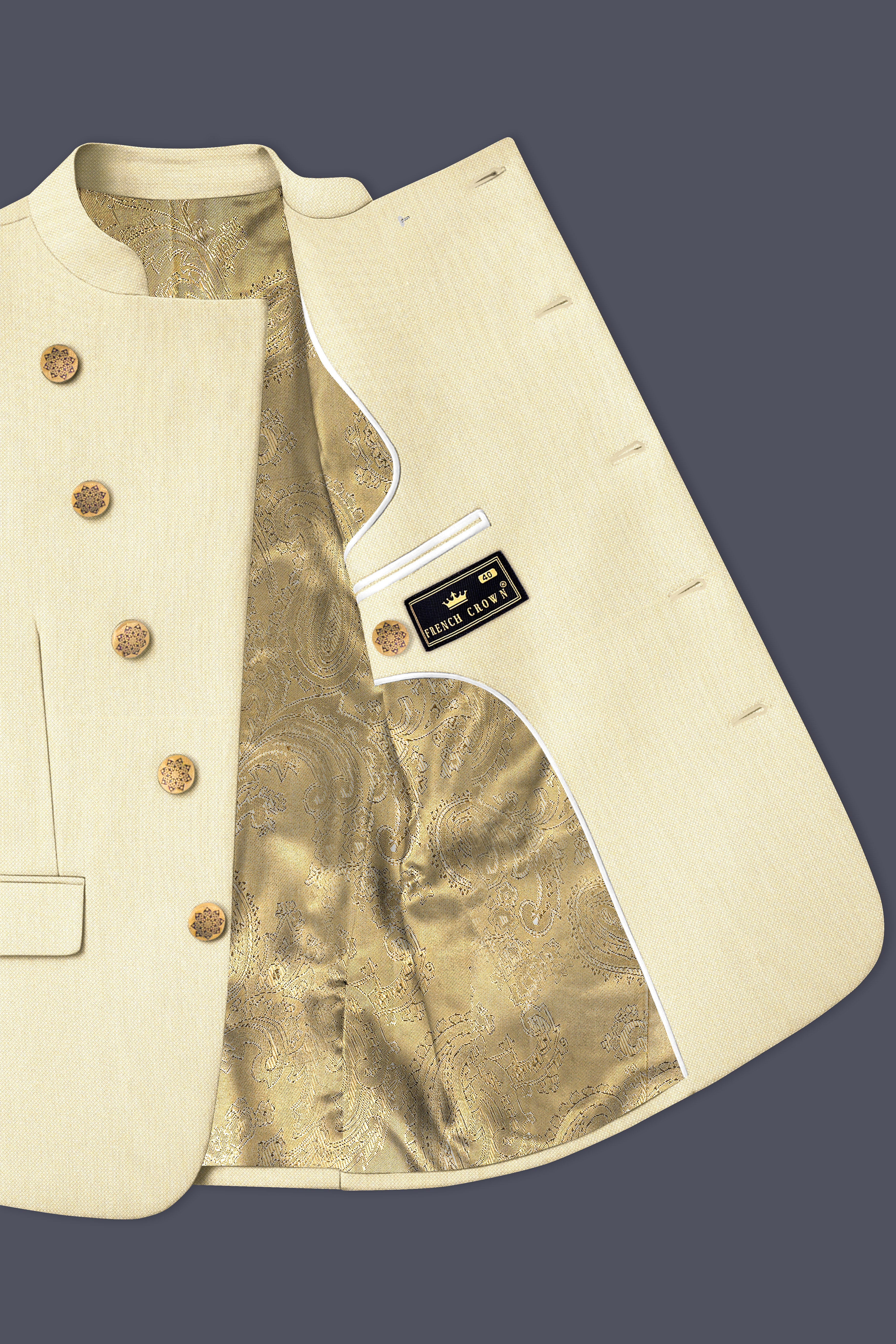Gialaro-Zombie Yellow Textured Wool Rich Cross Placket Bandhgala Blazer