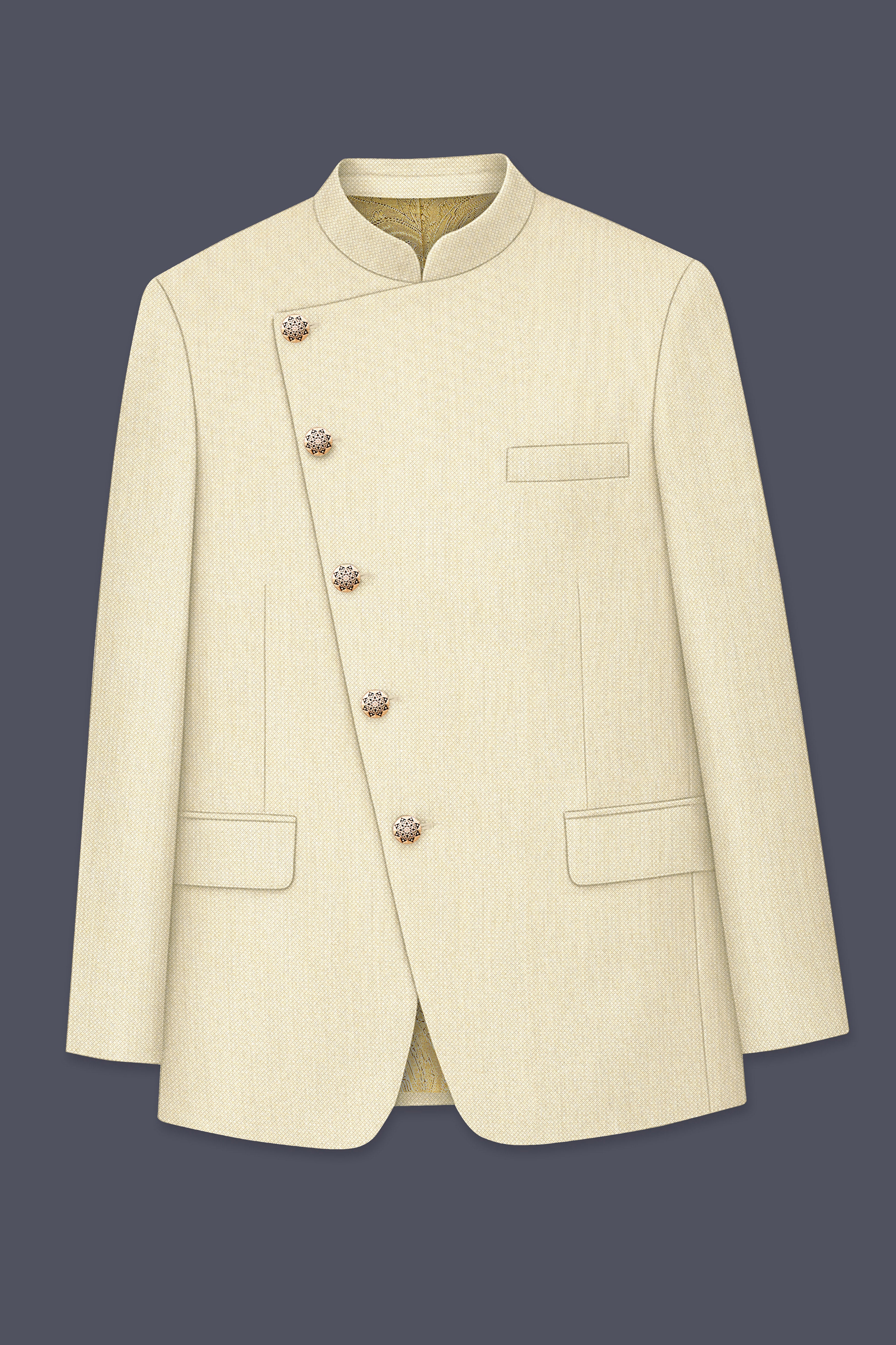 Gialaro-Zombie Yellow Textured Wool Rich Cross Placket Bandhgala Blazer