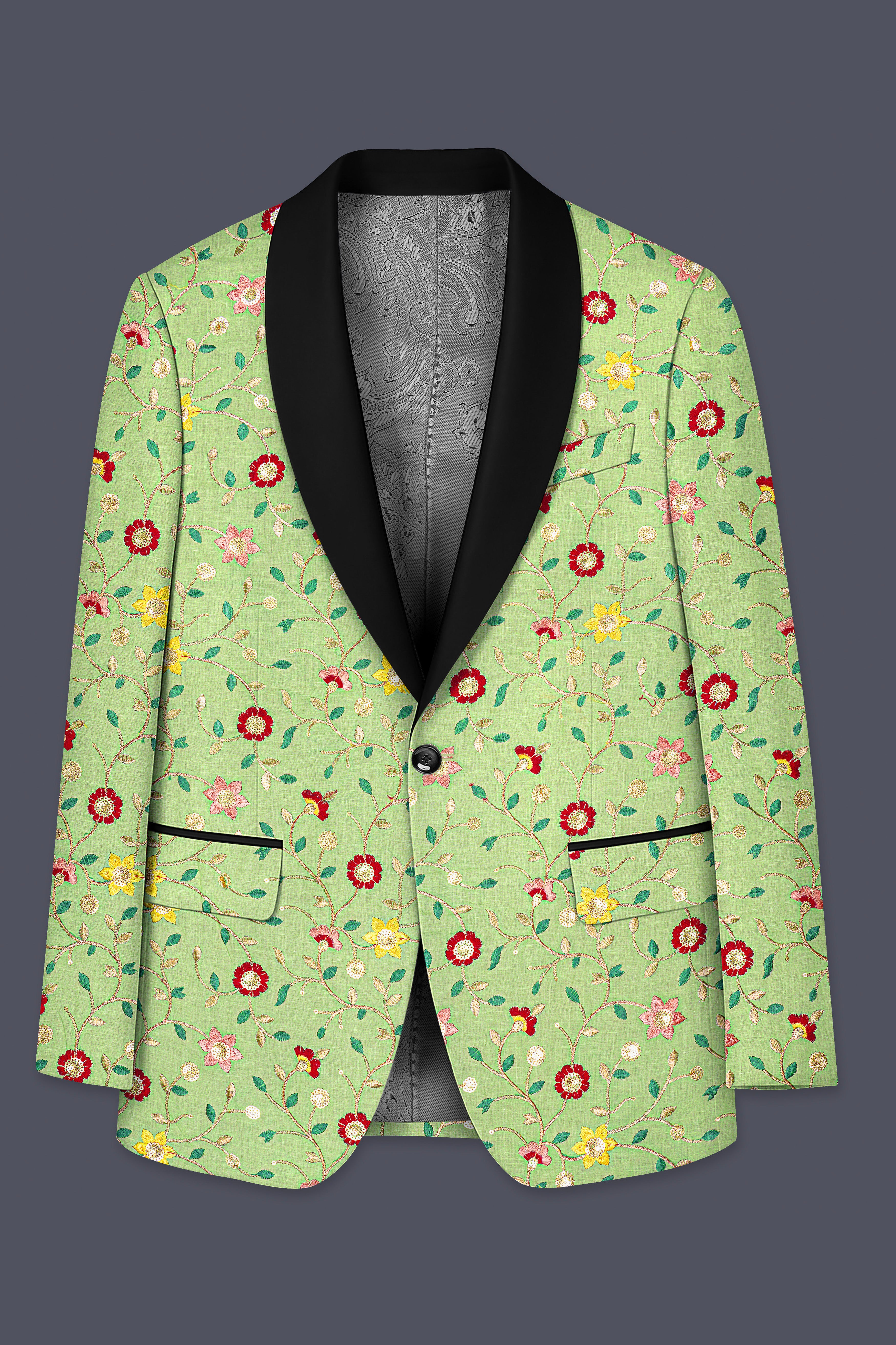 Verdoria-Hampton Green and Beryl Red Floral Multicolour Cotton Thread Embroidered Designer Tuxedo Blazer