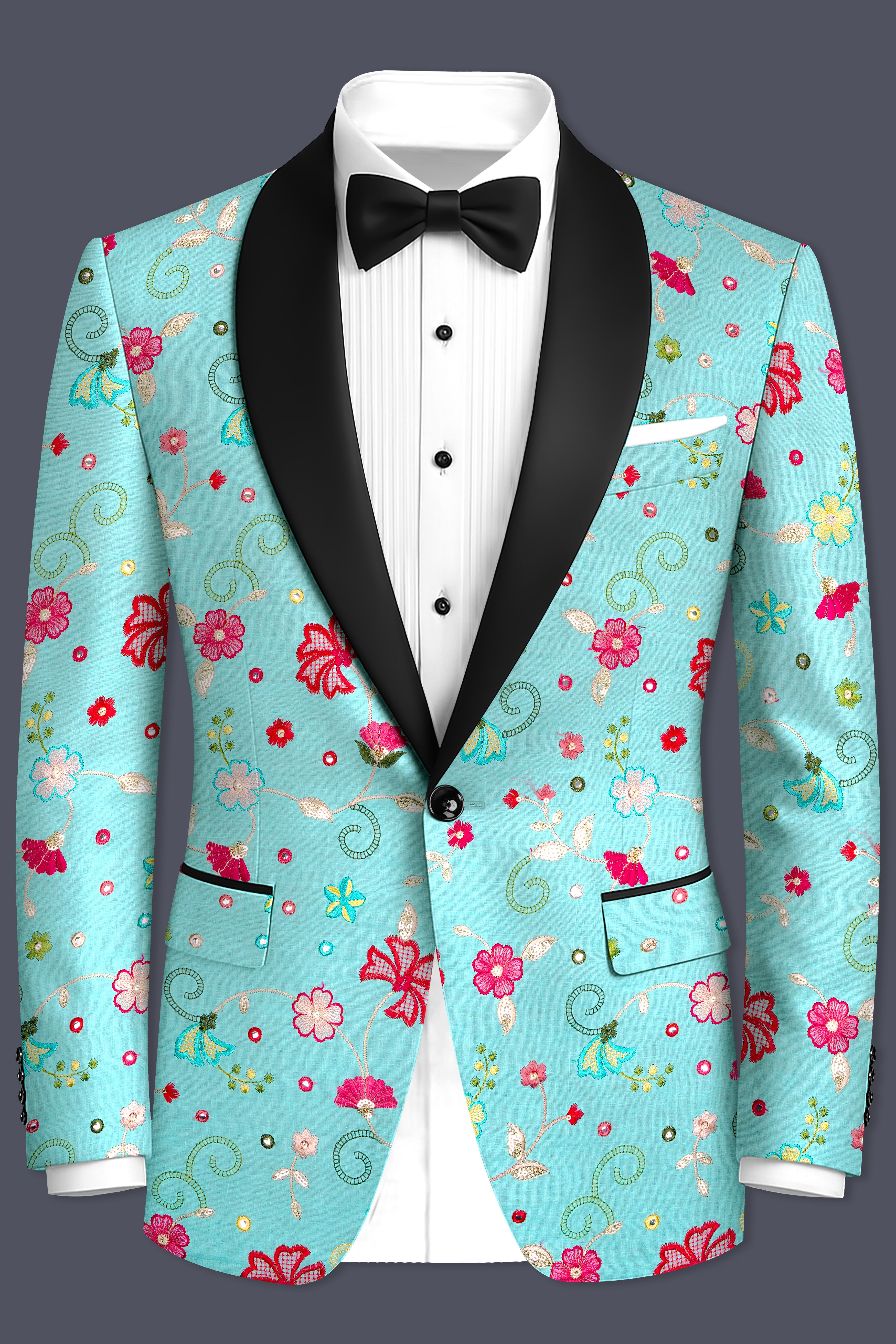 Rosavon-Cyan Blue and Charm Pink Floral Cotton Thread Embroidered Designer Tuxedo Blazer