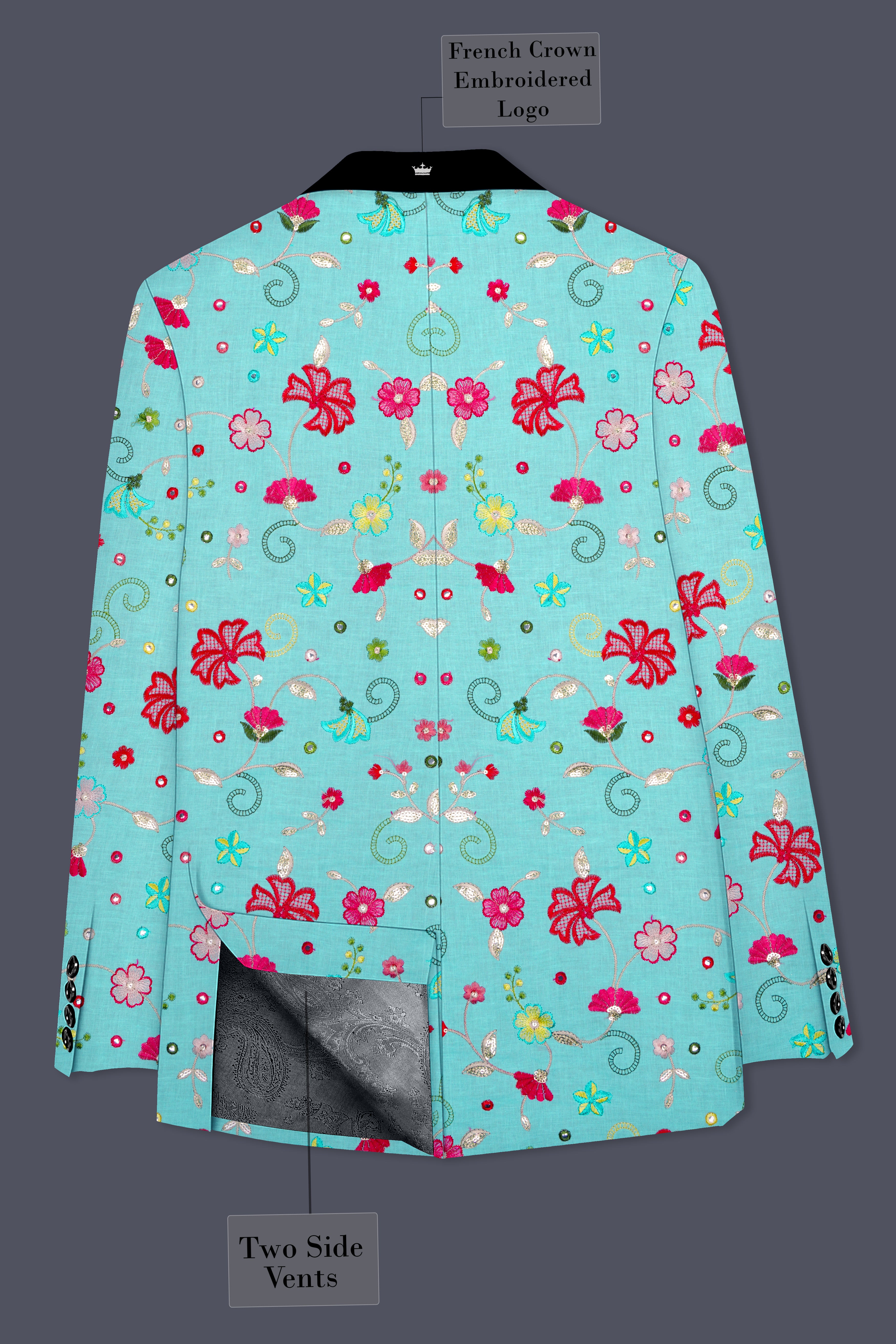 Rosavon-Cyan Blue and Charm Pink Floral Cotton Thread Embroidered Designer Tuxedo Blazer