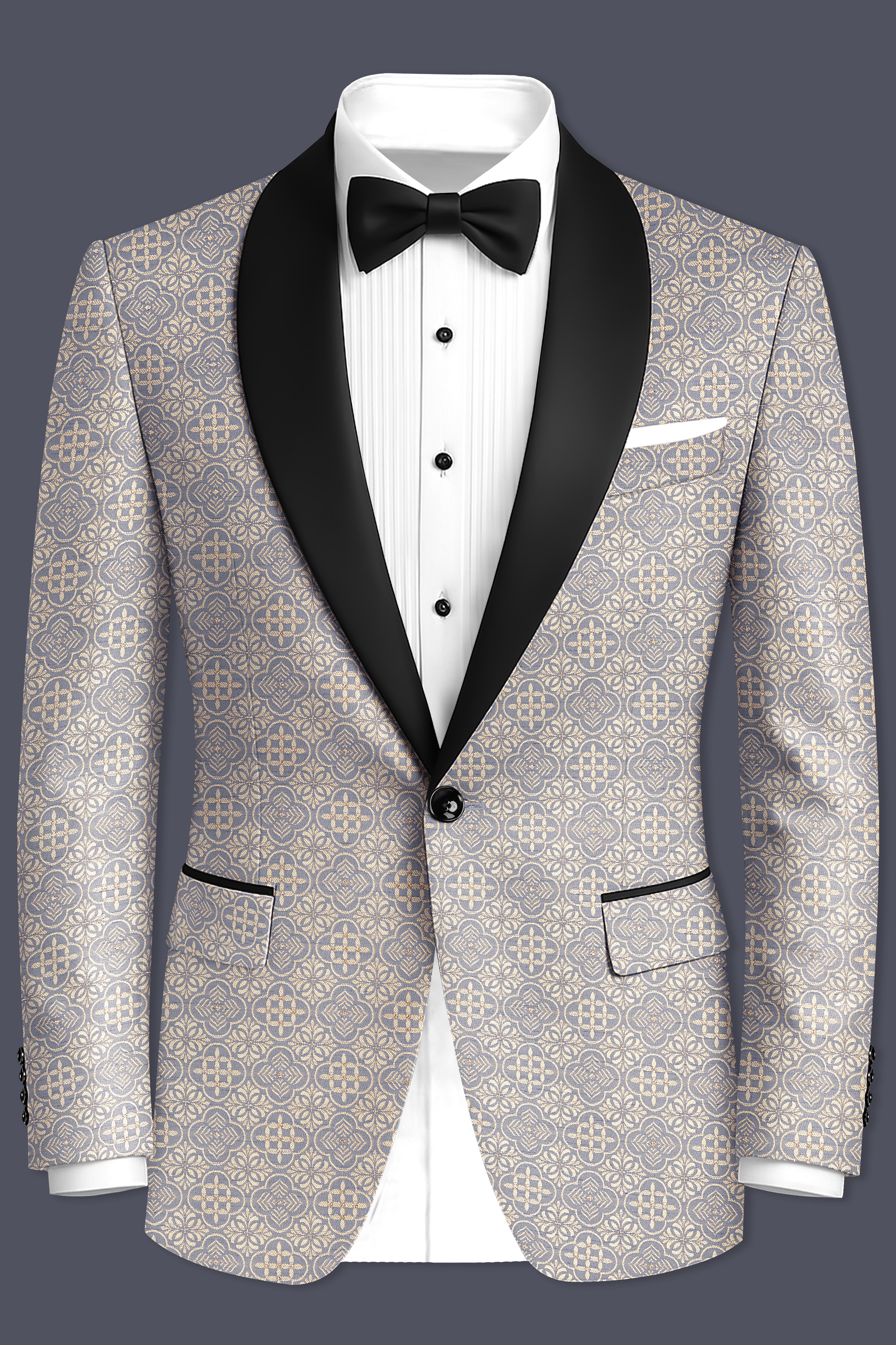 Azuroque-Somke Gray and Desert  Jacquard Textured Designer Tuxedo Blazer