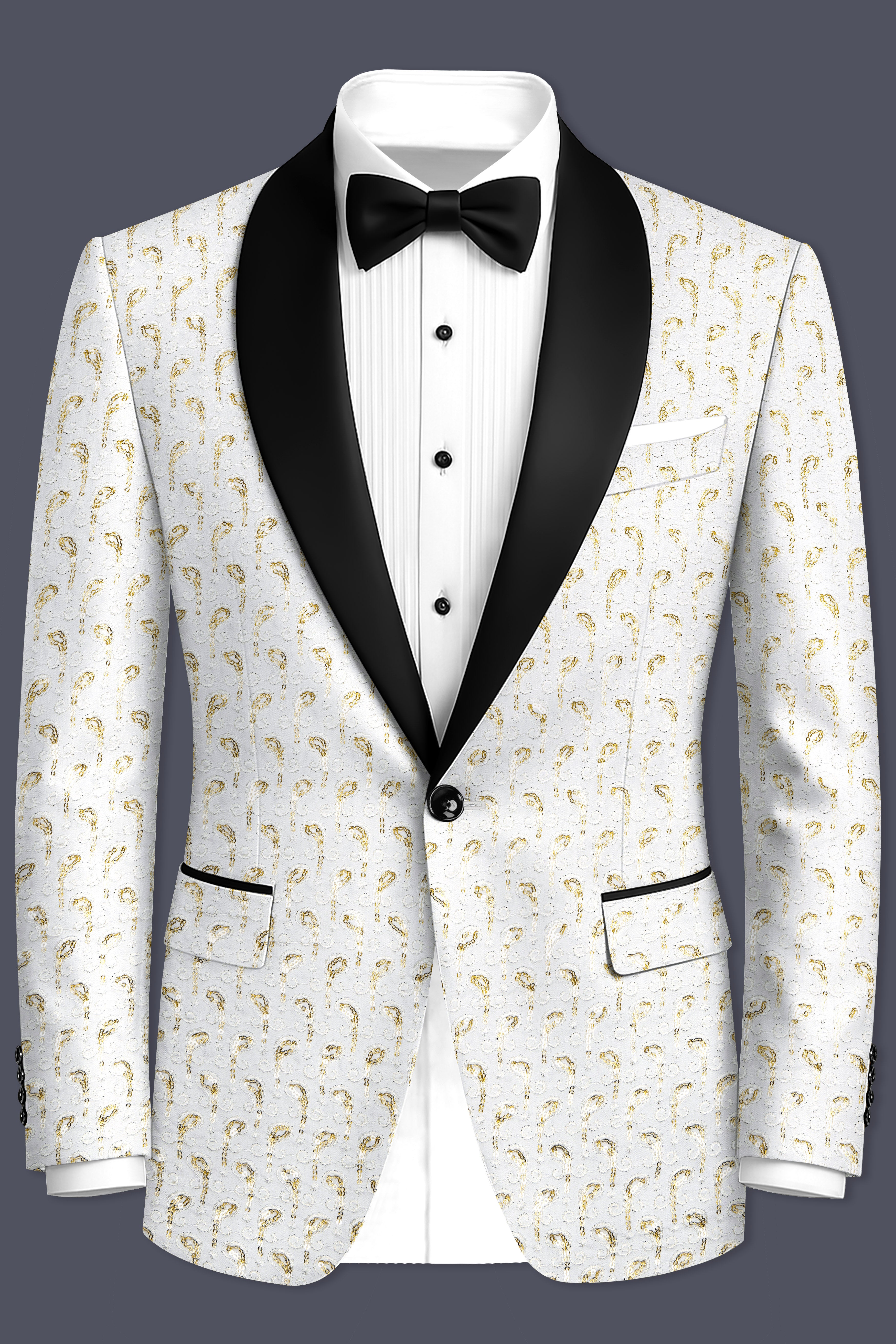 Sequenza-Bright White Leaves Pattern Sequin Embroidered Viscose Designer Tuxedo Blazer