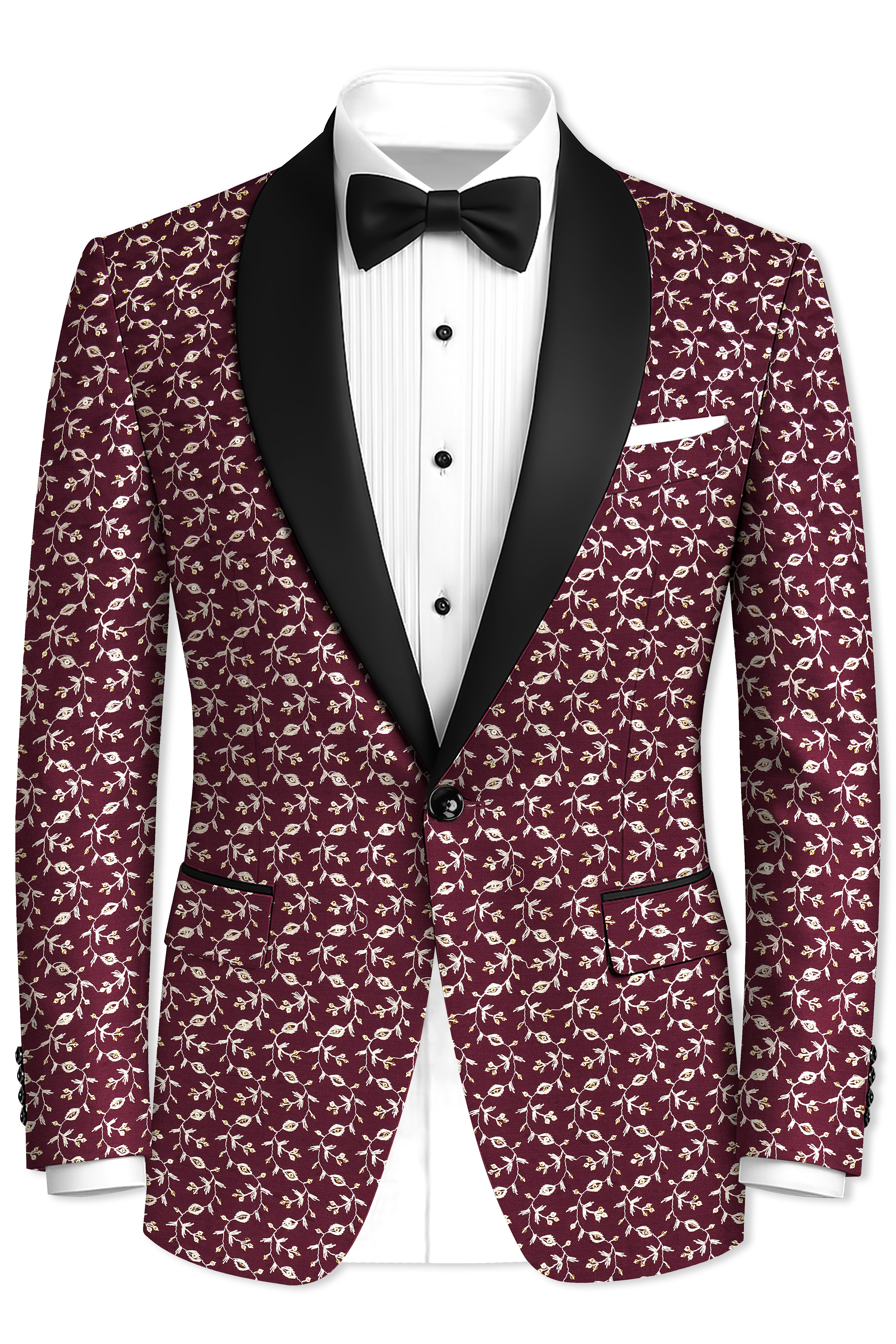 Rosencia-Mulberry Maroon Viscose Ditsy Embroidered With Tikki Work Designer Tuxedo Blazer