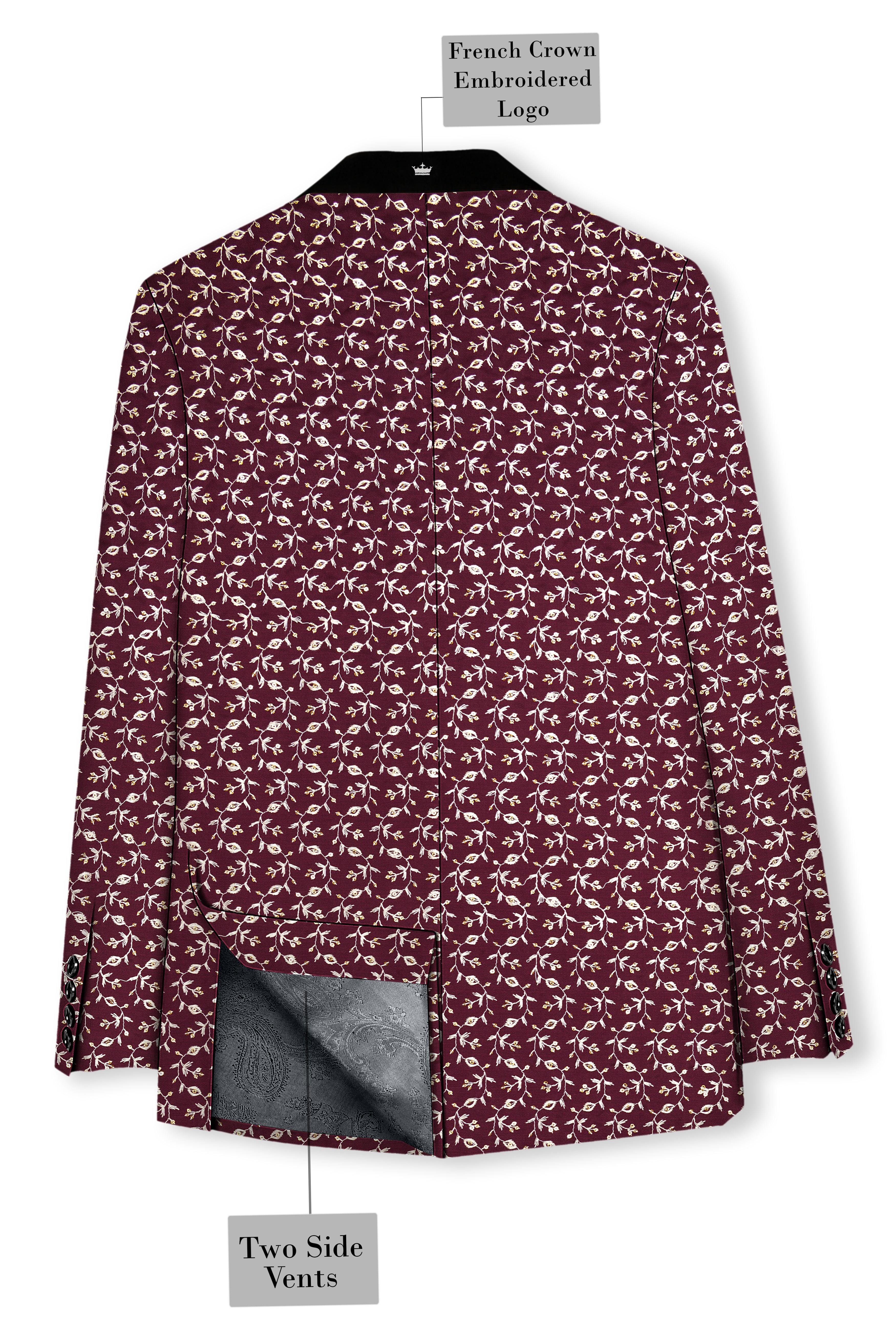 Rosencia-Mulberry Maroon Viscose Ditsy Embroidered With Tikki Work Designer Tuxedo Blazer