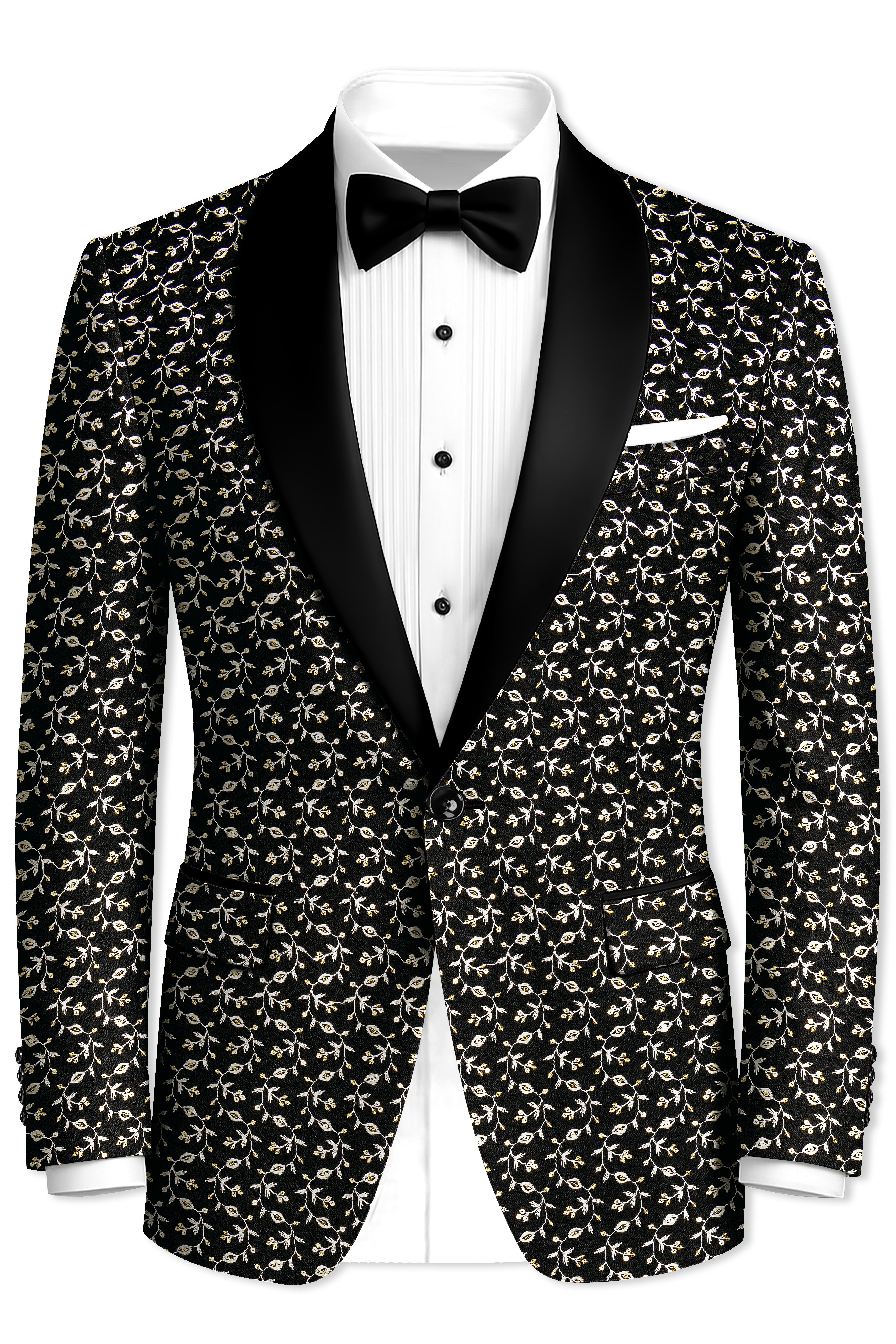 Nerquise-Jade Black Ditsy Pattern Thread and Sequin Embroidered Viscose Designer Tuxedo Blazer