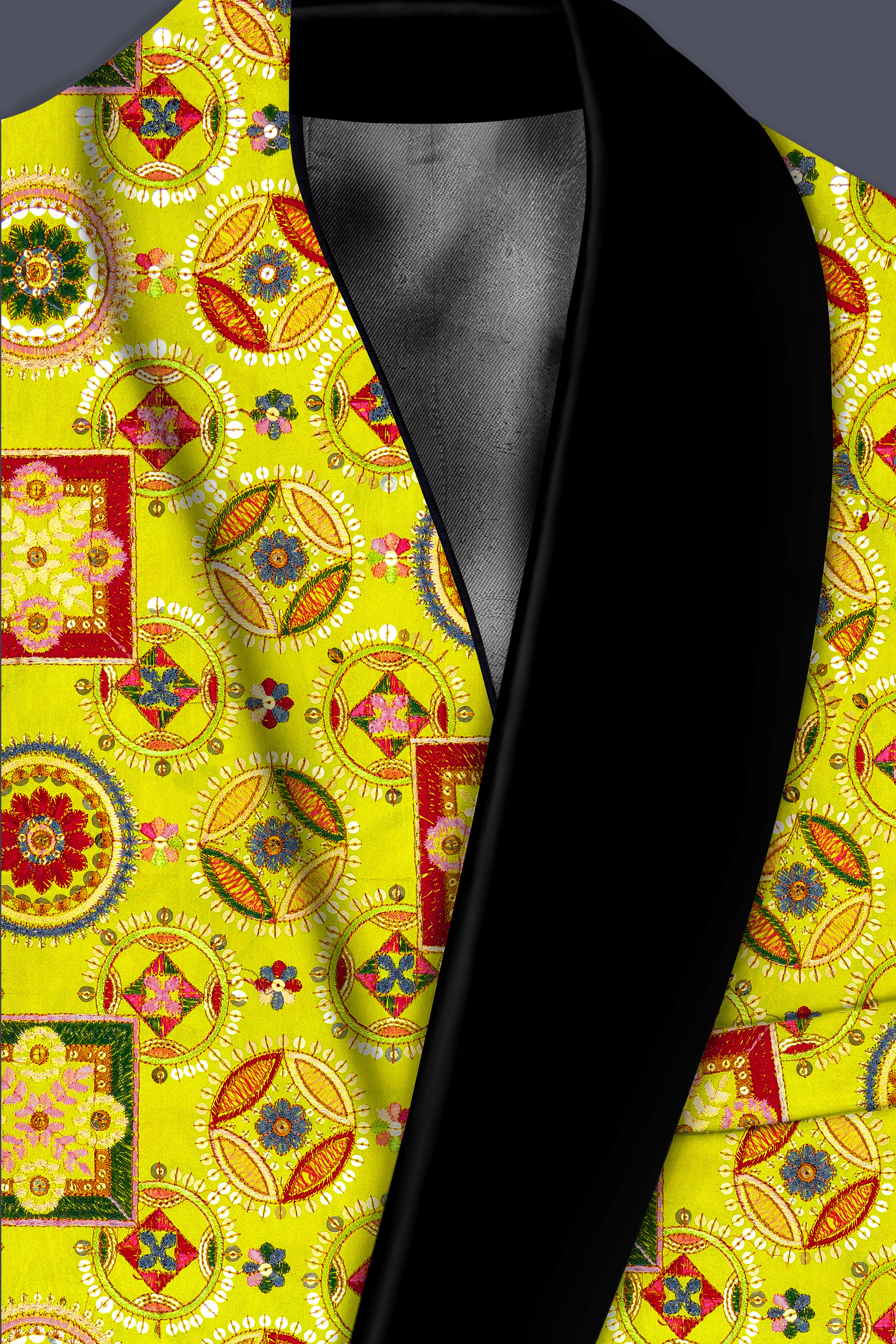 Coutflora-Custard Yellow Multicolour Cotton Thread Embroidered Designer Tuxedo Blazer