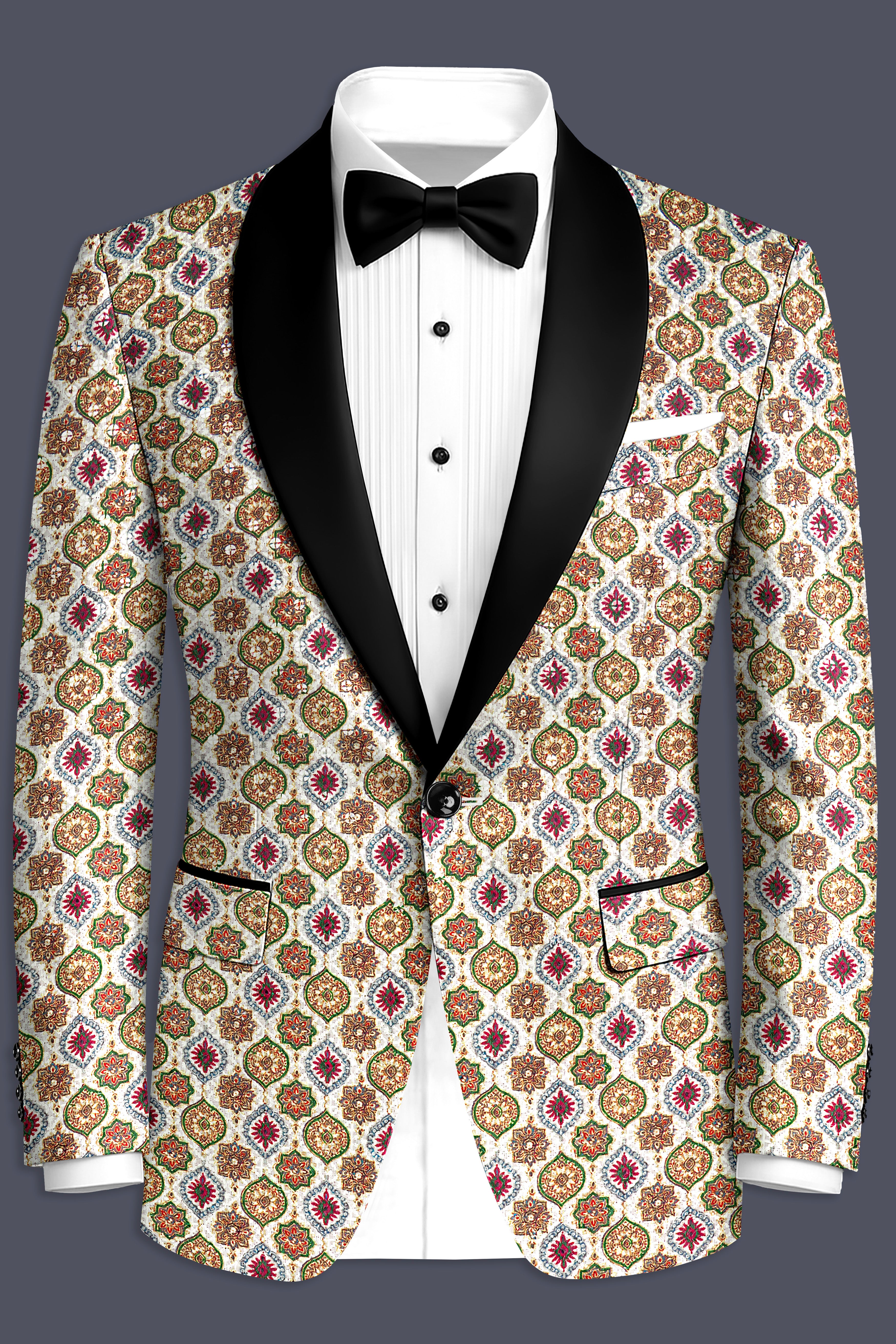 Alvesso-Bright White And Spruce Green Embroidered Designer Tuxedo Blazer