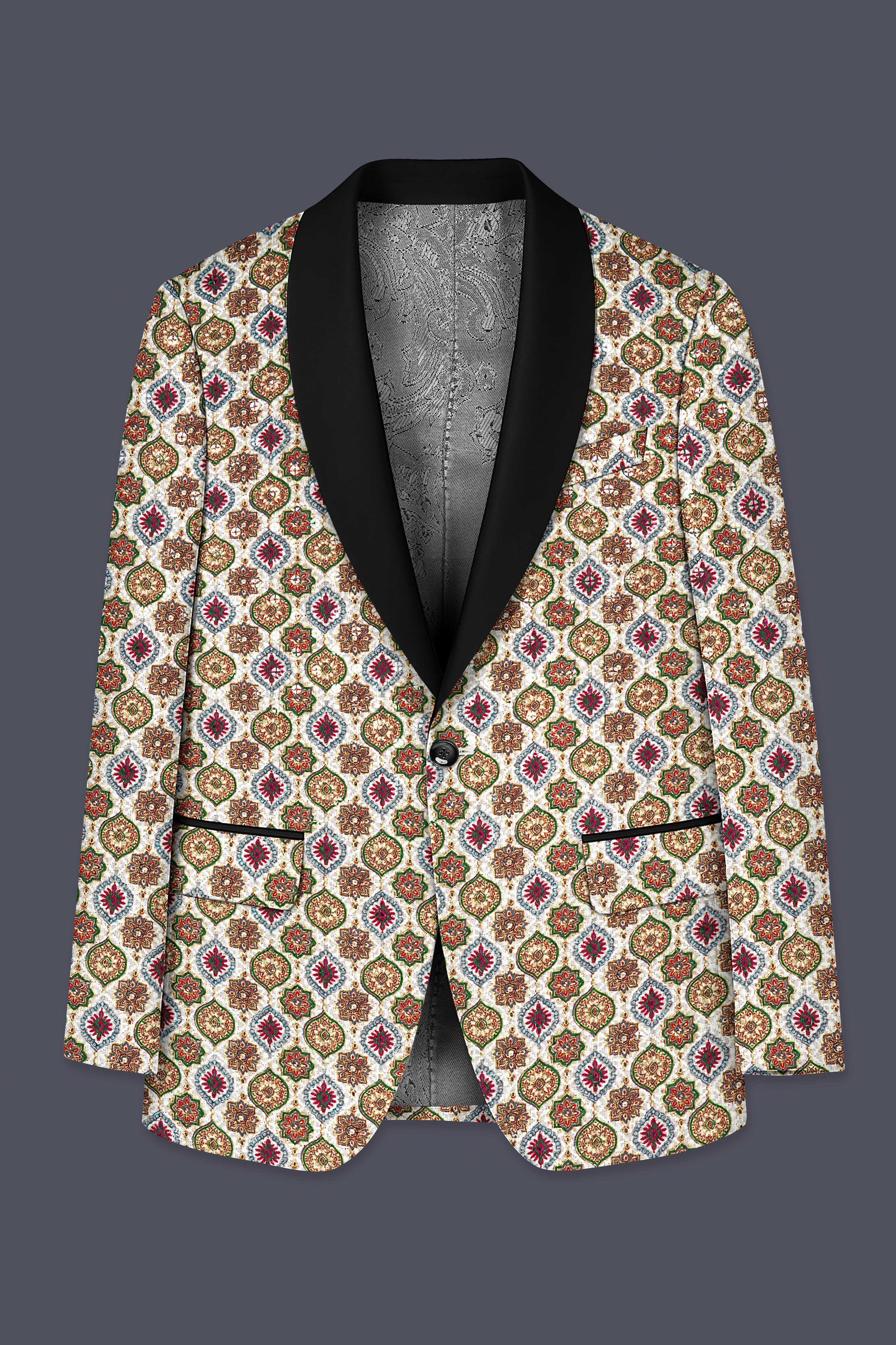 Alvesso-Bright White And Spruce Green Embroidered Designer Tuxedo Blazer