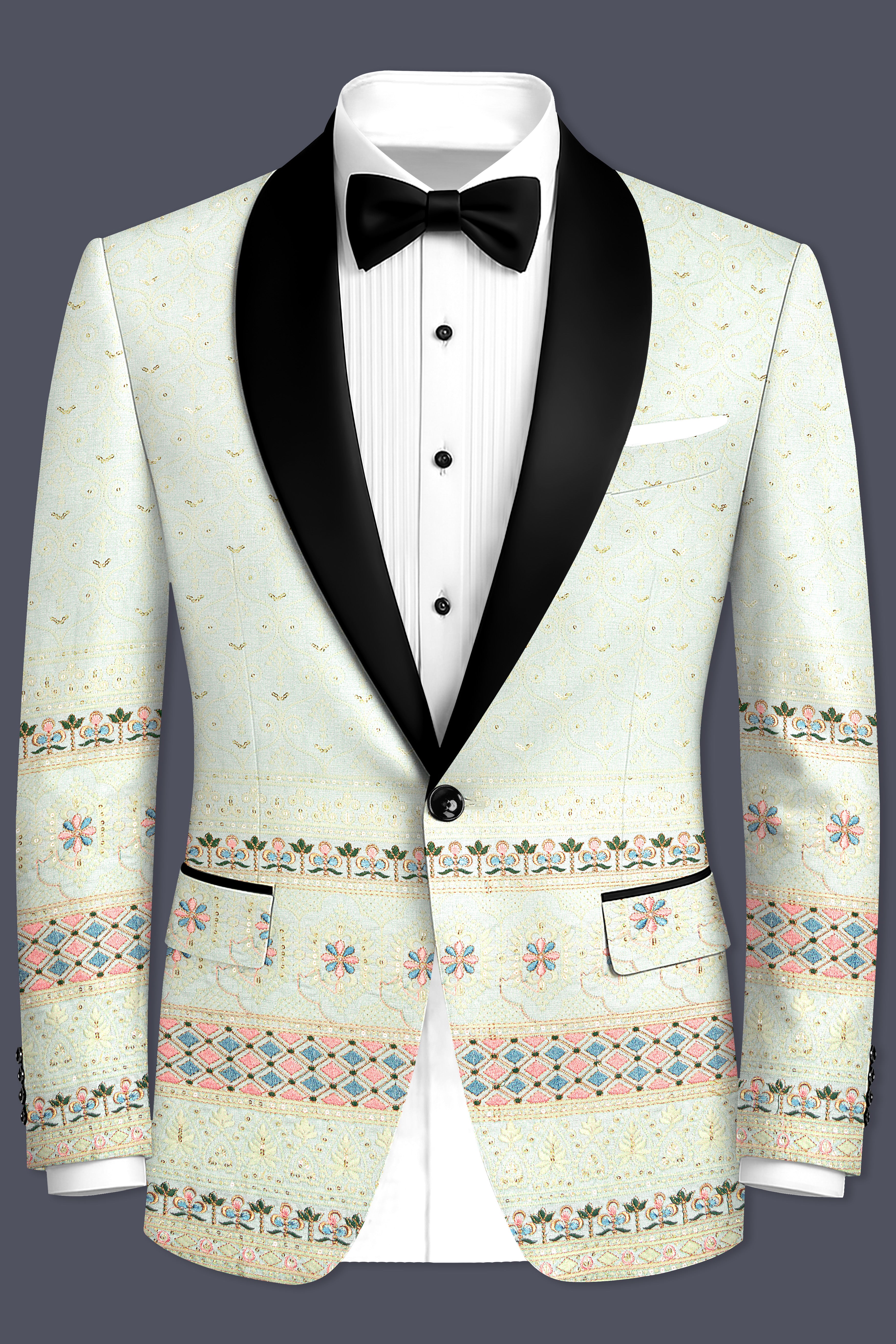 Auressa-merino Cream And Finch Green Multicolour Thread and Sequin Embroidered Designer Blazer