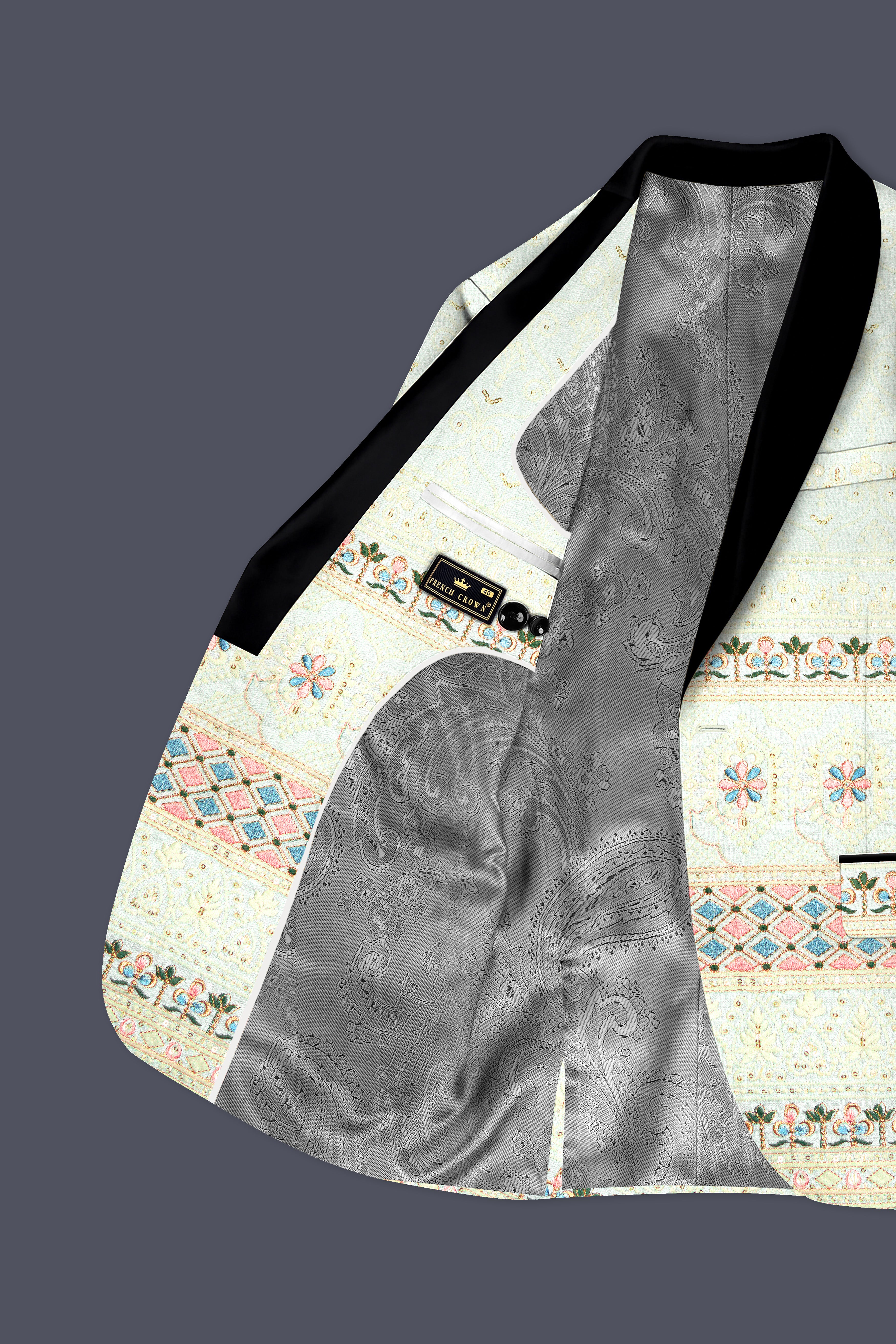 Auressa-merino Cream And Finch Green Multicolour Thread and Sequin Embroidered Designer Blazer