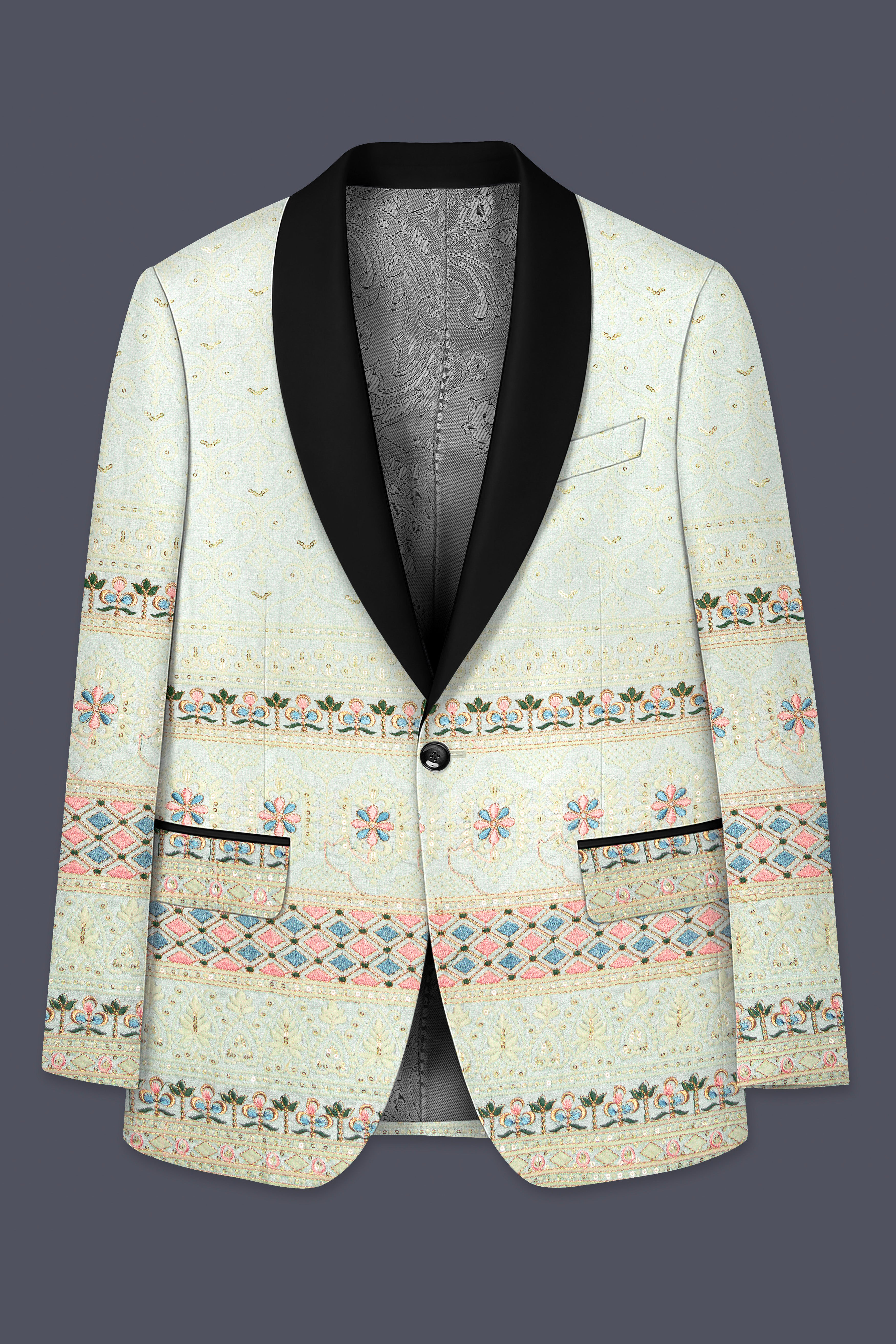 Auressa-merino Cream And Finch Green Multicolour Thread and Sequin Embroidered Designer Blazer