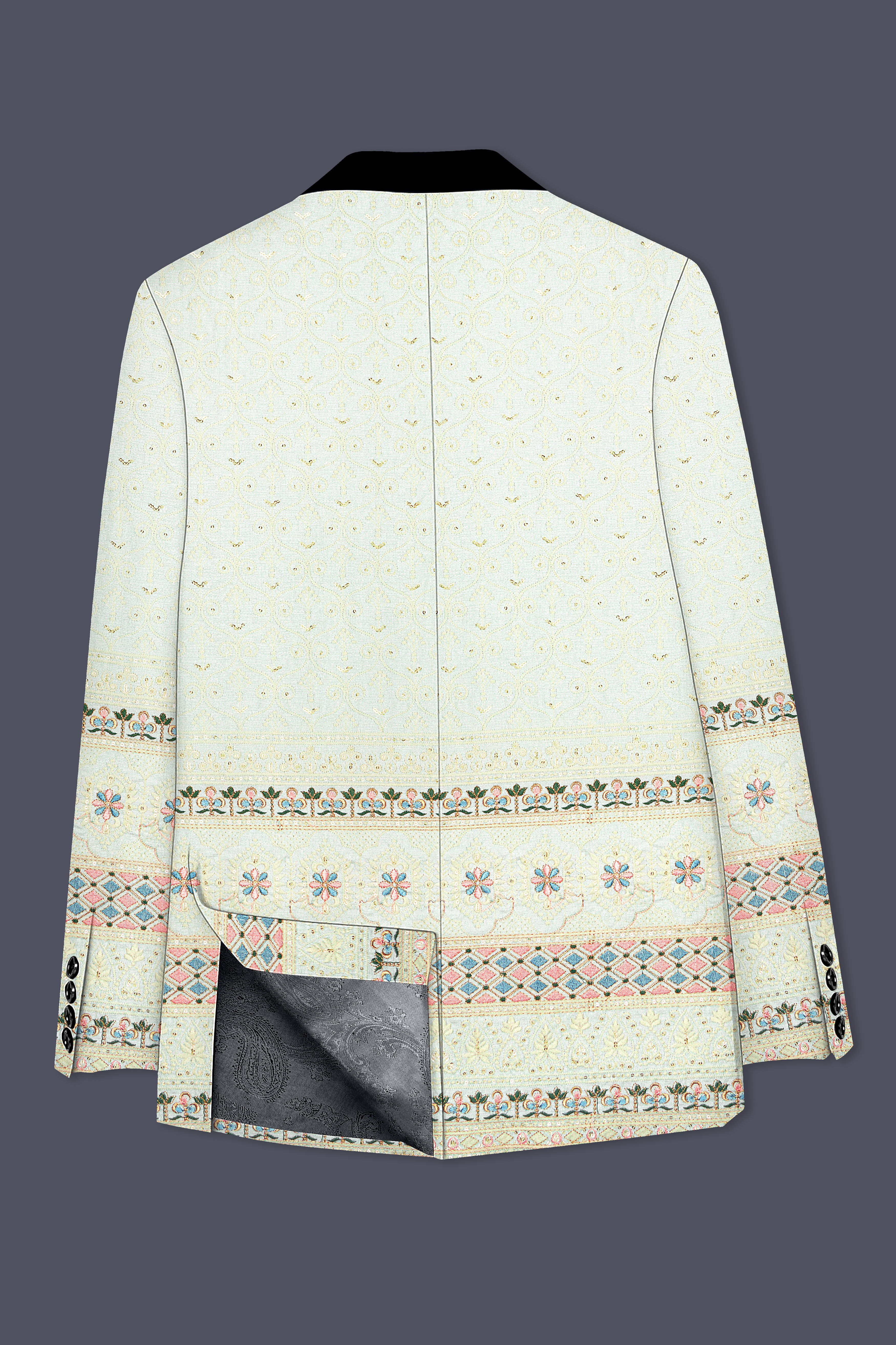 Auressa-merino Cream And Finch Green Multicolour Thread and Sequin Embroidered Designer Blazer