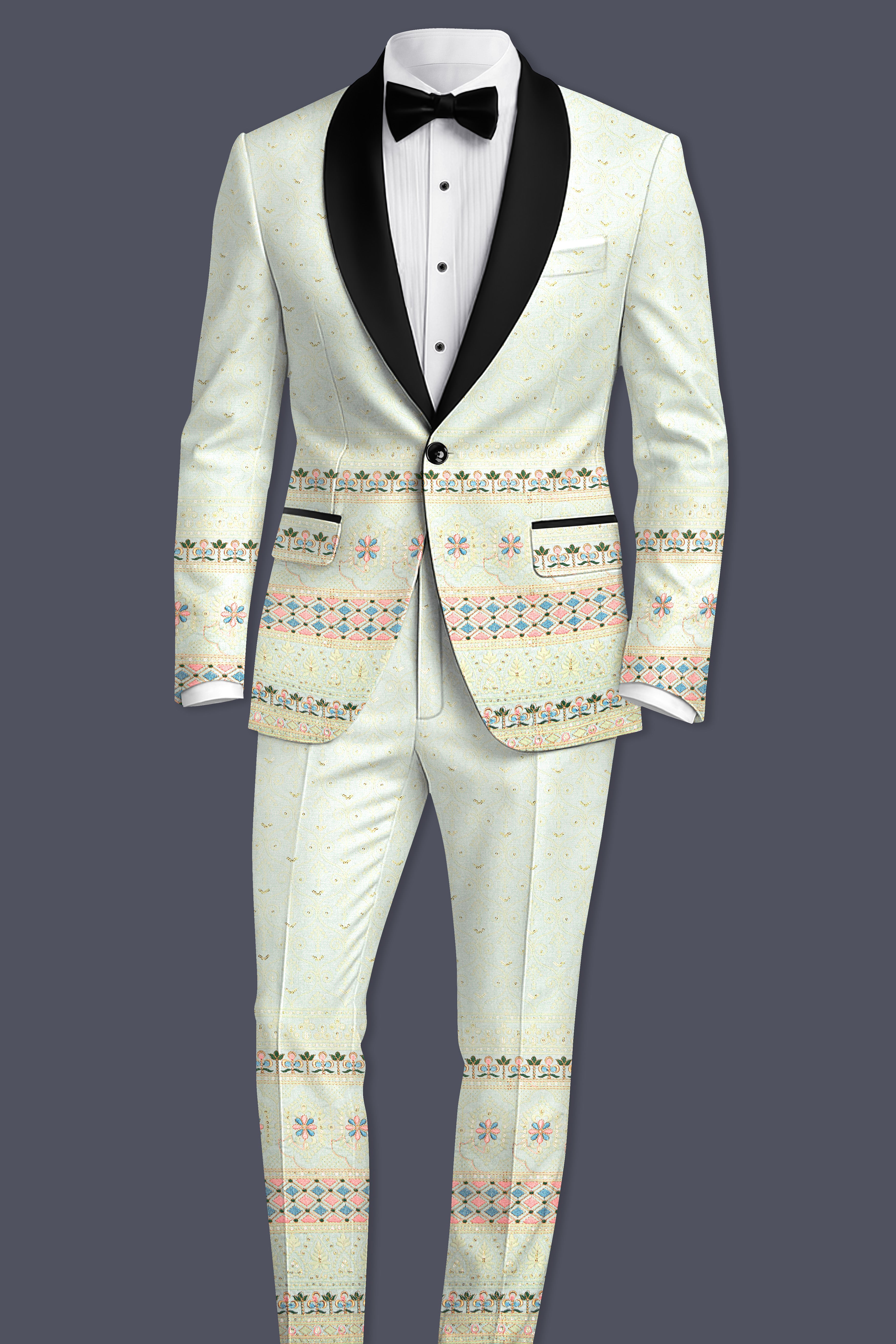 Auressa-merino Cream And Finch Green Multicolour Thread and Sequin Embroidered Designer Blazer