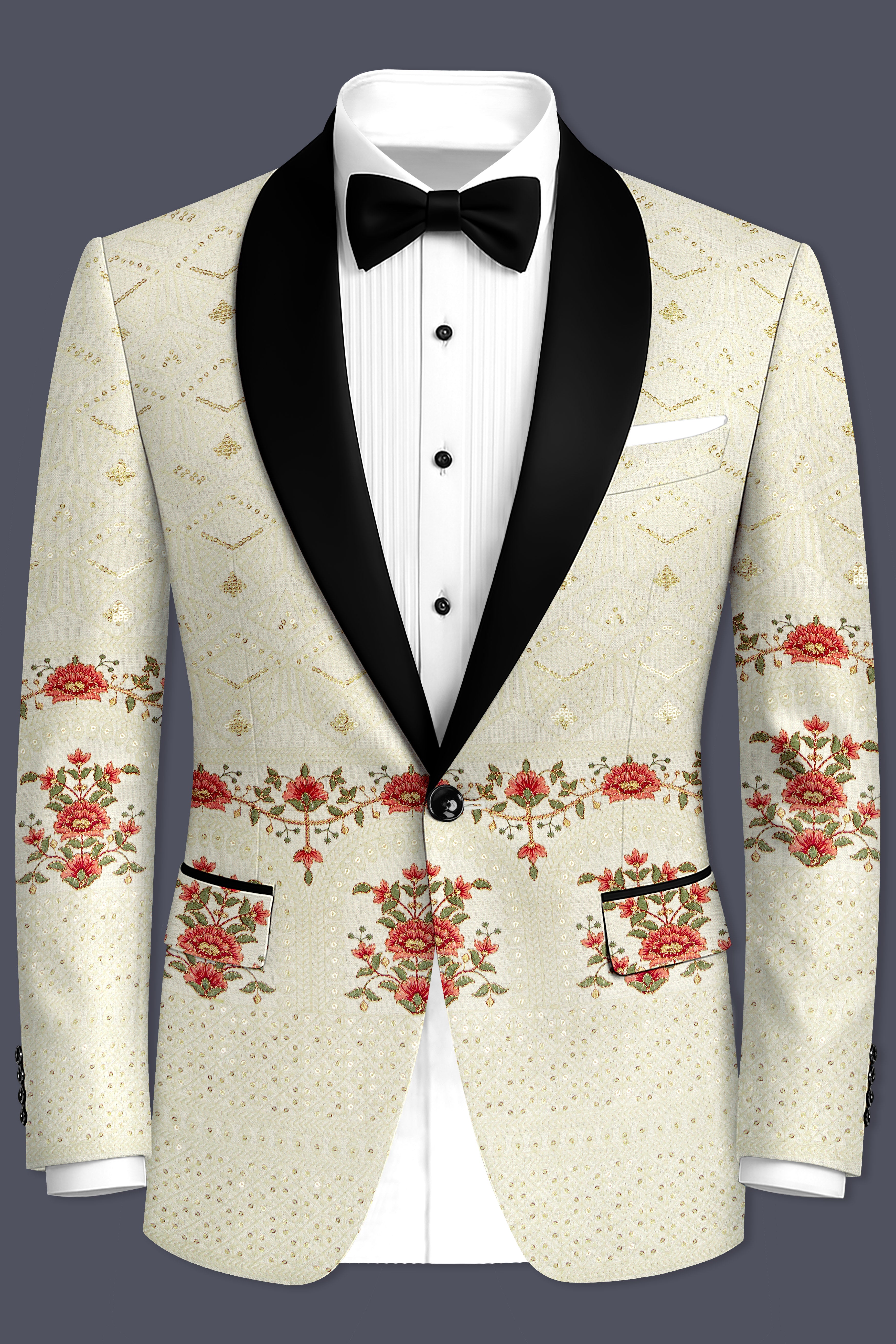 Ivrosa-Porcelain Cream and Apricot Peach Multicolour Thread and Sequin Embroidered Designer Blazer