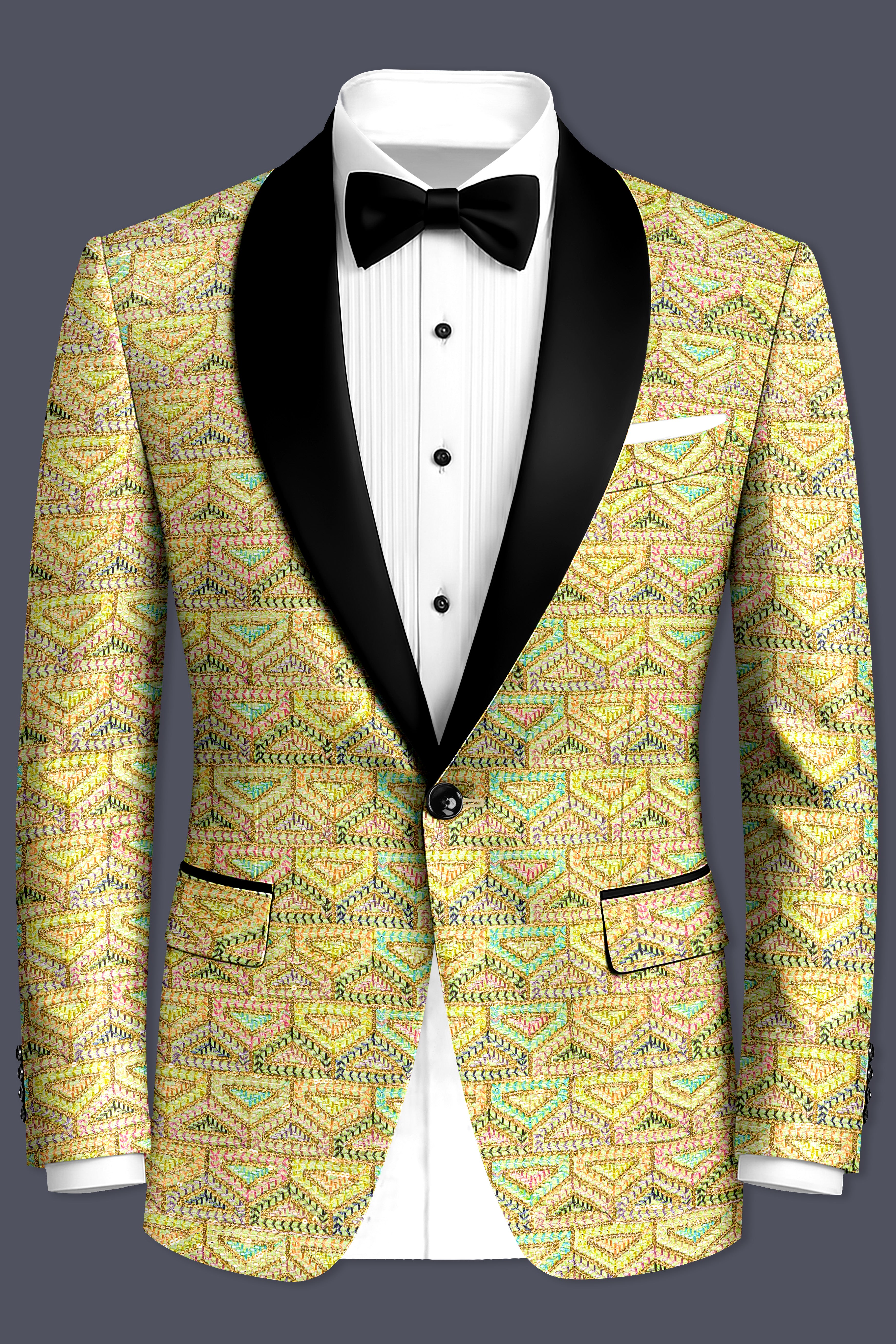 Flavora-Tacha Yellow and Charm Pink Geometric Cotton Thread Embroidered Designer Blazer