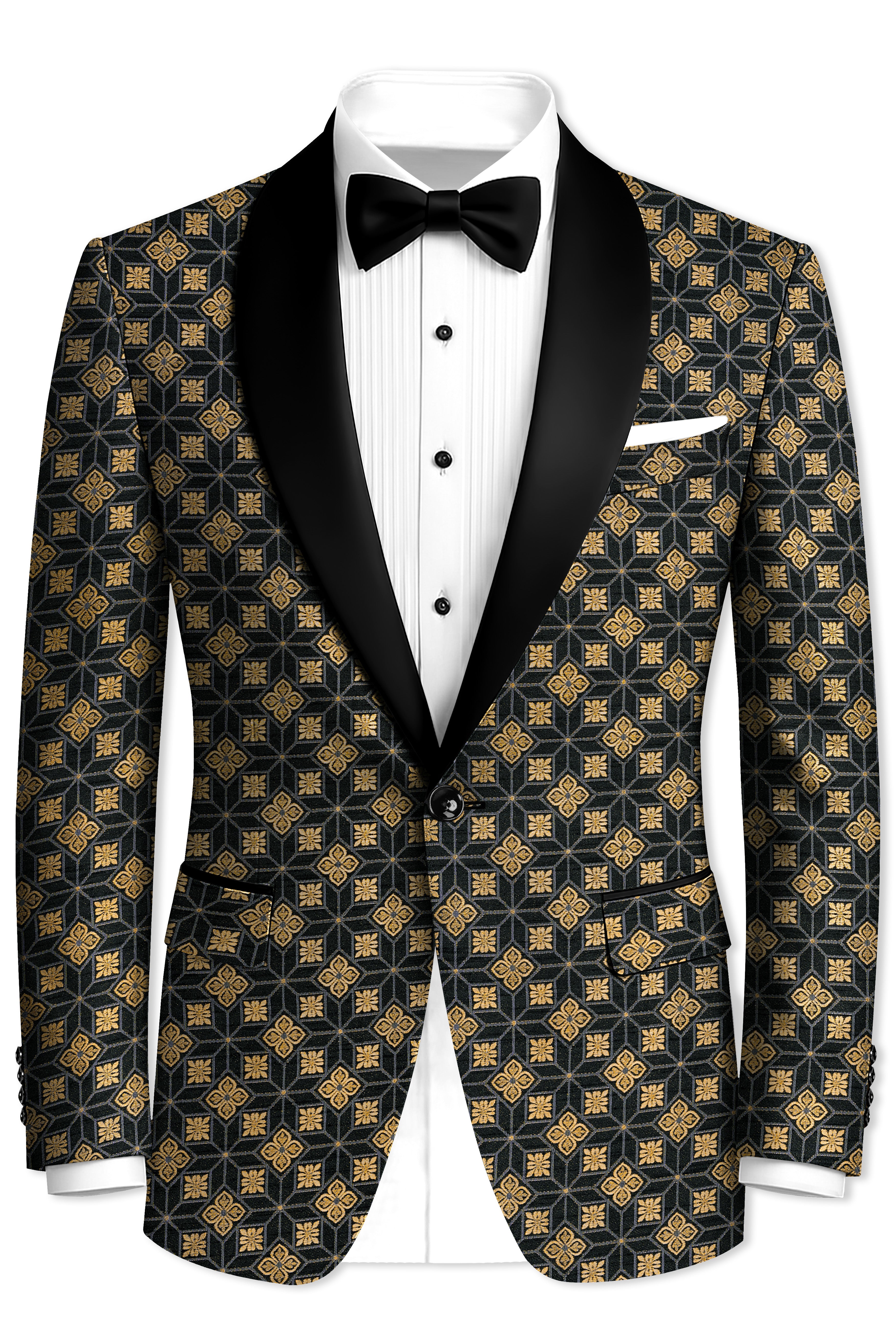Geomaro-Cinder Black and Tan Brown Geometric Jacquard Textured Designer Blazer