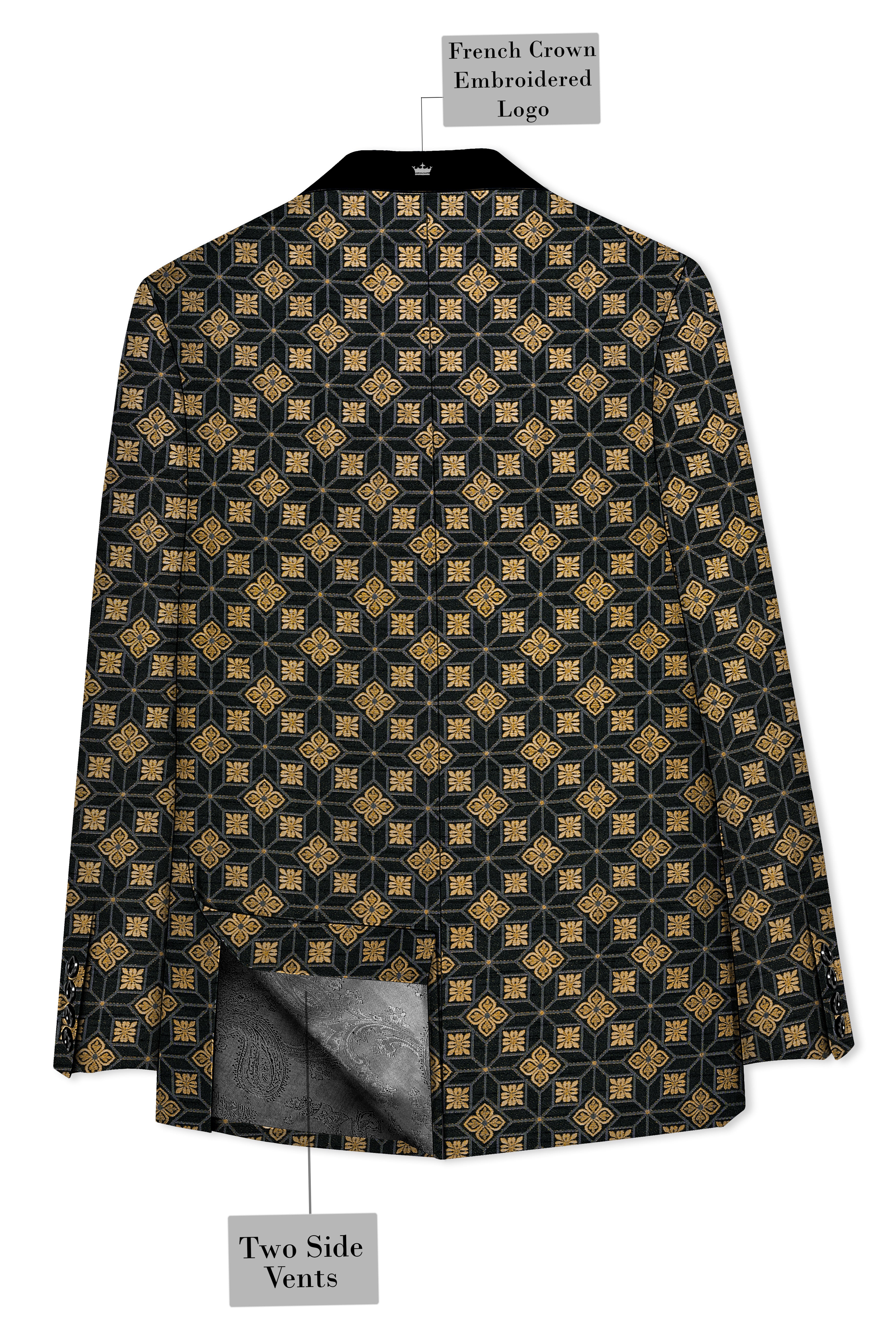 Geomaro-Cinder Black and Tan Brown Geometric Jacquard Textured Designer Blazer