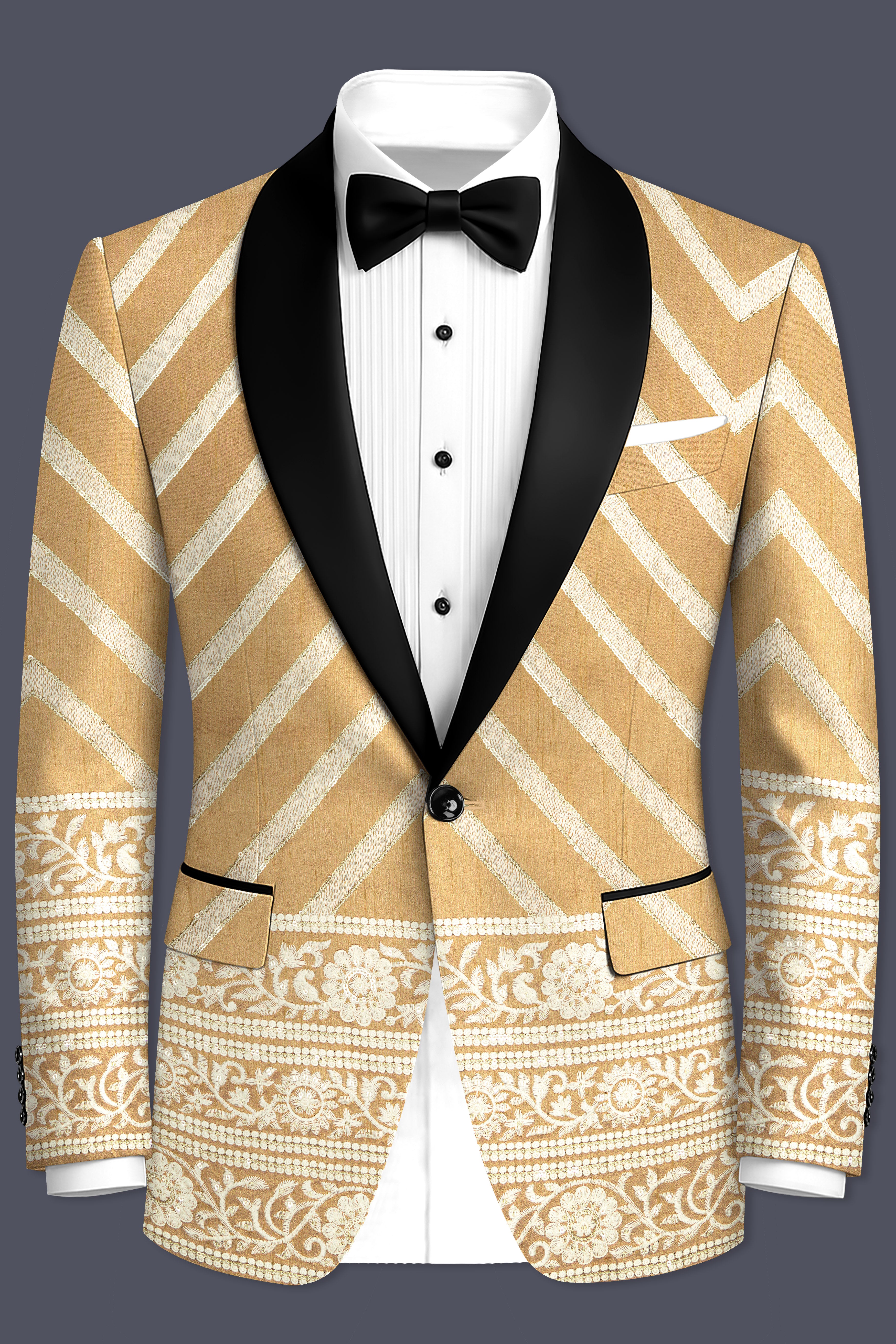 Zigvara-Antique Brown and Merino Cream Zig Zag Cotton Thread Embroidered Designer Blazer