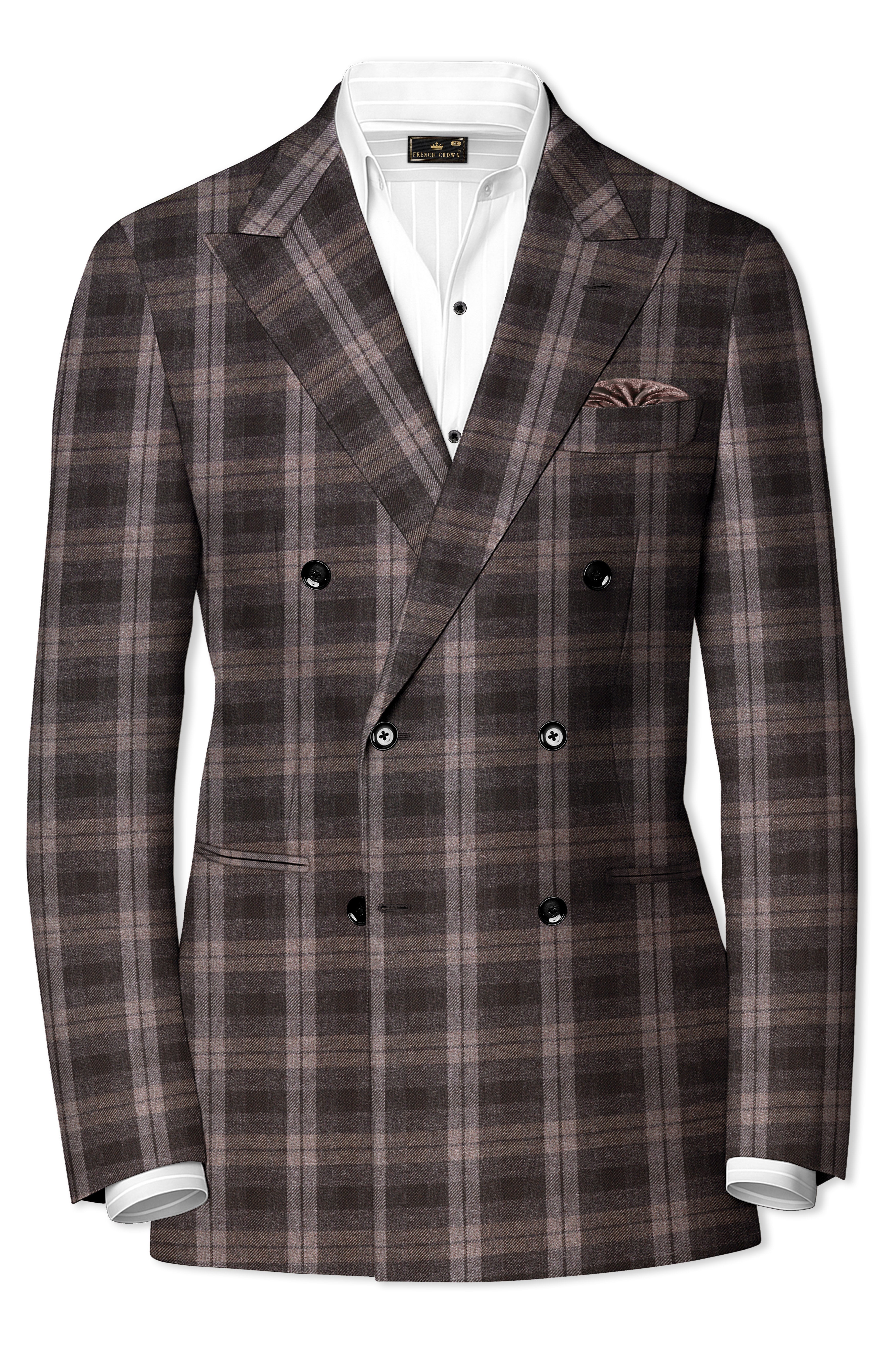 Emporo-Tundora Brown And Emperor Plaid Tweed Double Breasted Blazer