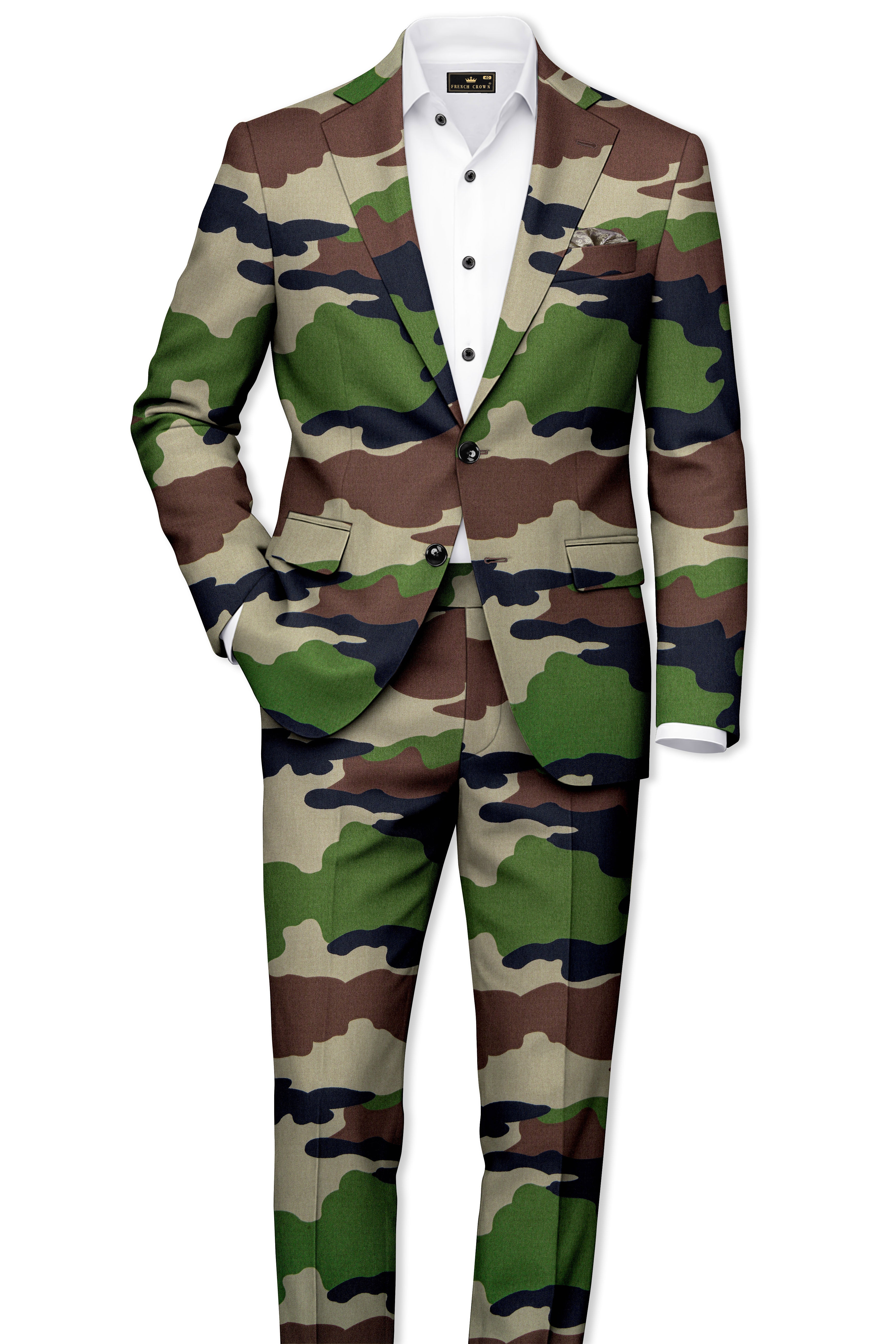 Aurever-Beaver Brown and Finch Green Camouflage Printed Premium Cotton Single Breasted Blazer