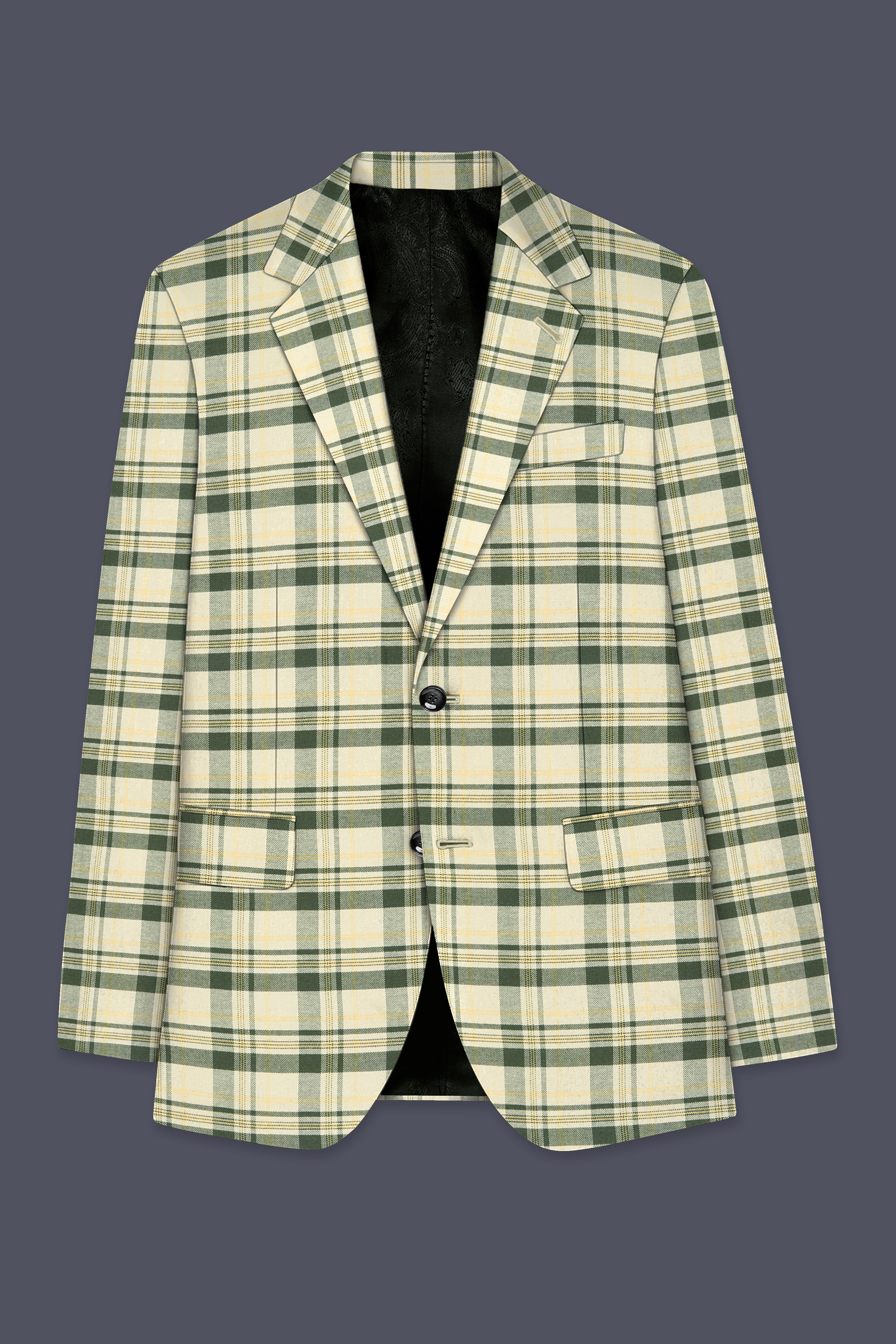 Swivoro-Swizzle Cream And Rangitoto Green Plaid Premium Cotton Single Breasted Blazer