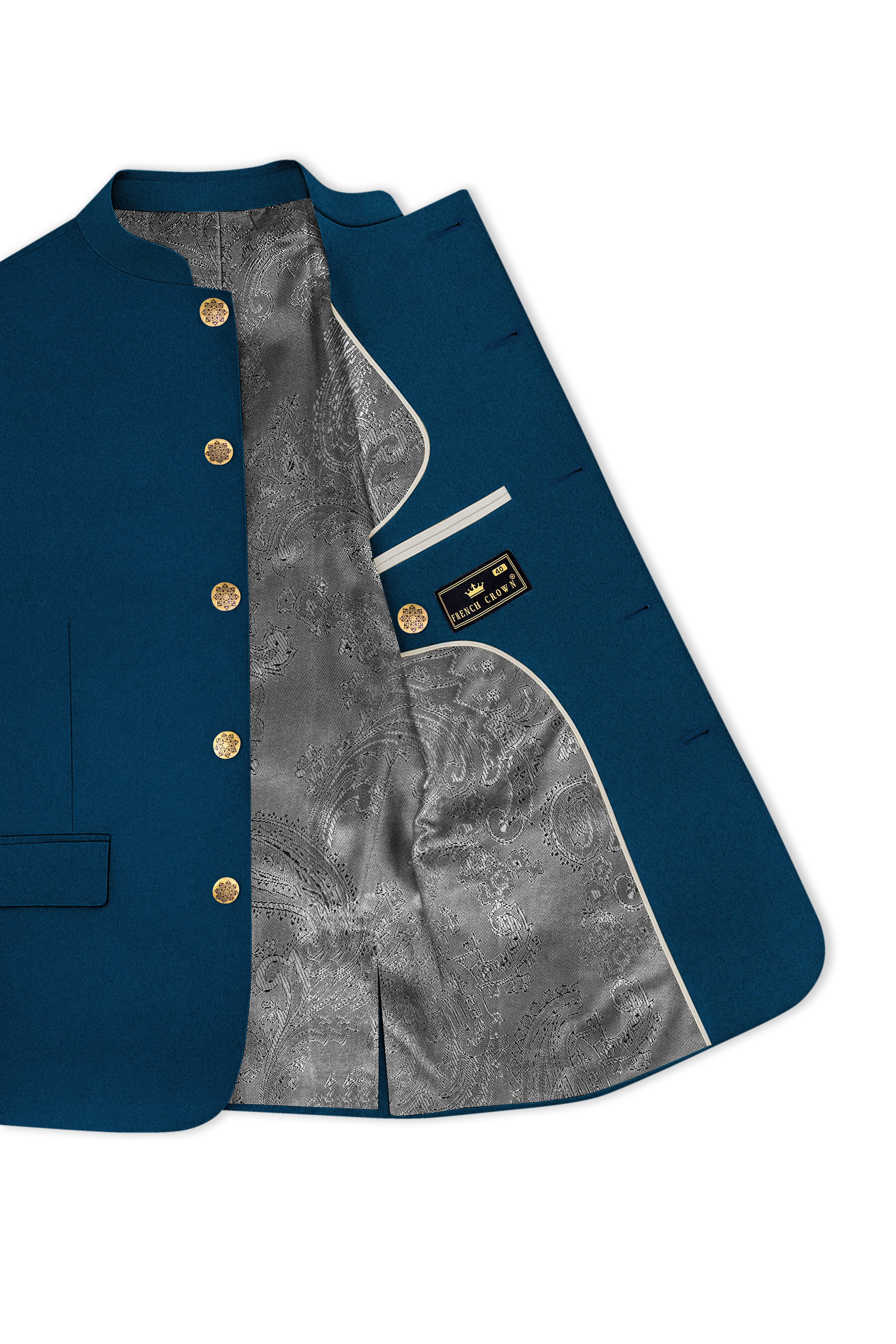 Aureblu-Korean Prussian Blue 4-Way Stretch Wool Rich Bandhgala Blazer