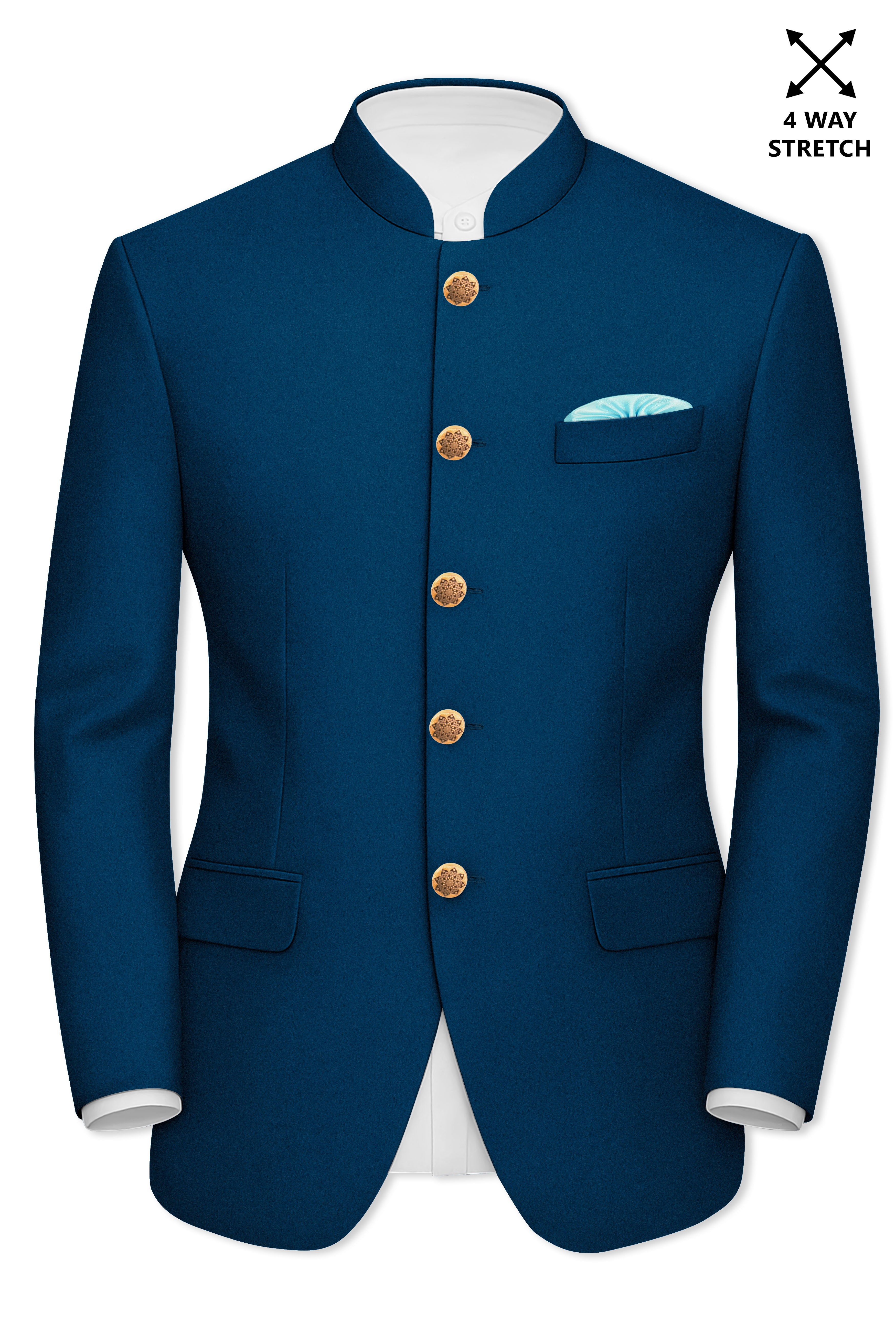 Aureblu-Korean Prussian Blue 4-Way Stretch Wool Rich Bandhgala Blazer