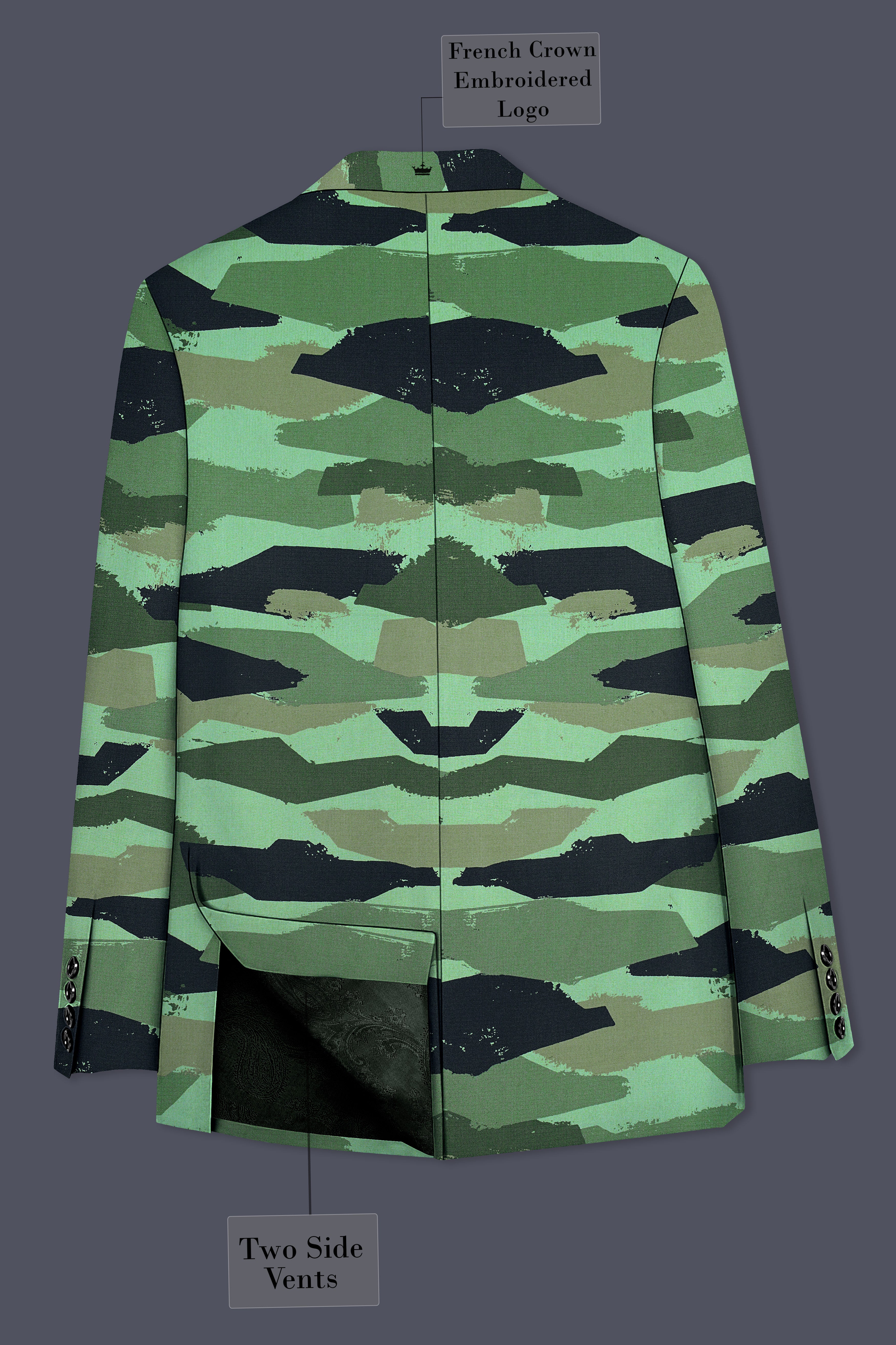 Verdvoro-Pale Green And Firefly Blue Camouflage Printed Premium Cotton Single Breasted Blazer