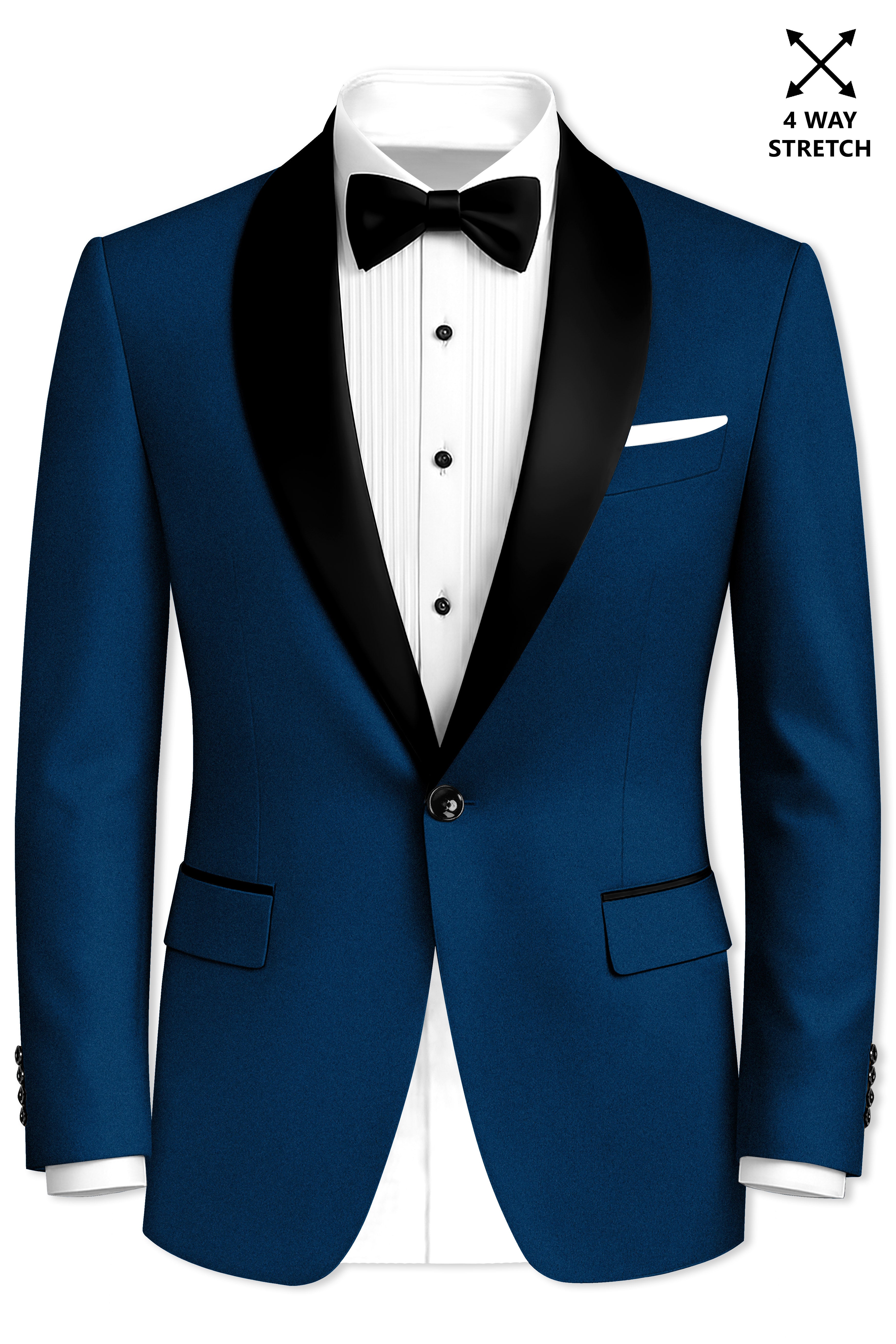 Aureblu-Korean Prussian Blue 4-Way Stretch Wool Rich Tuxedo Blazer