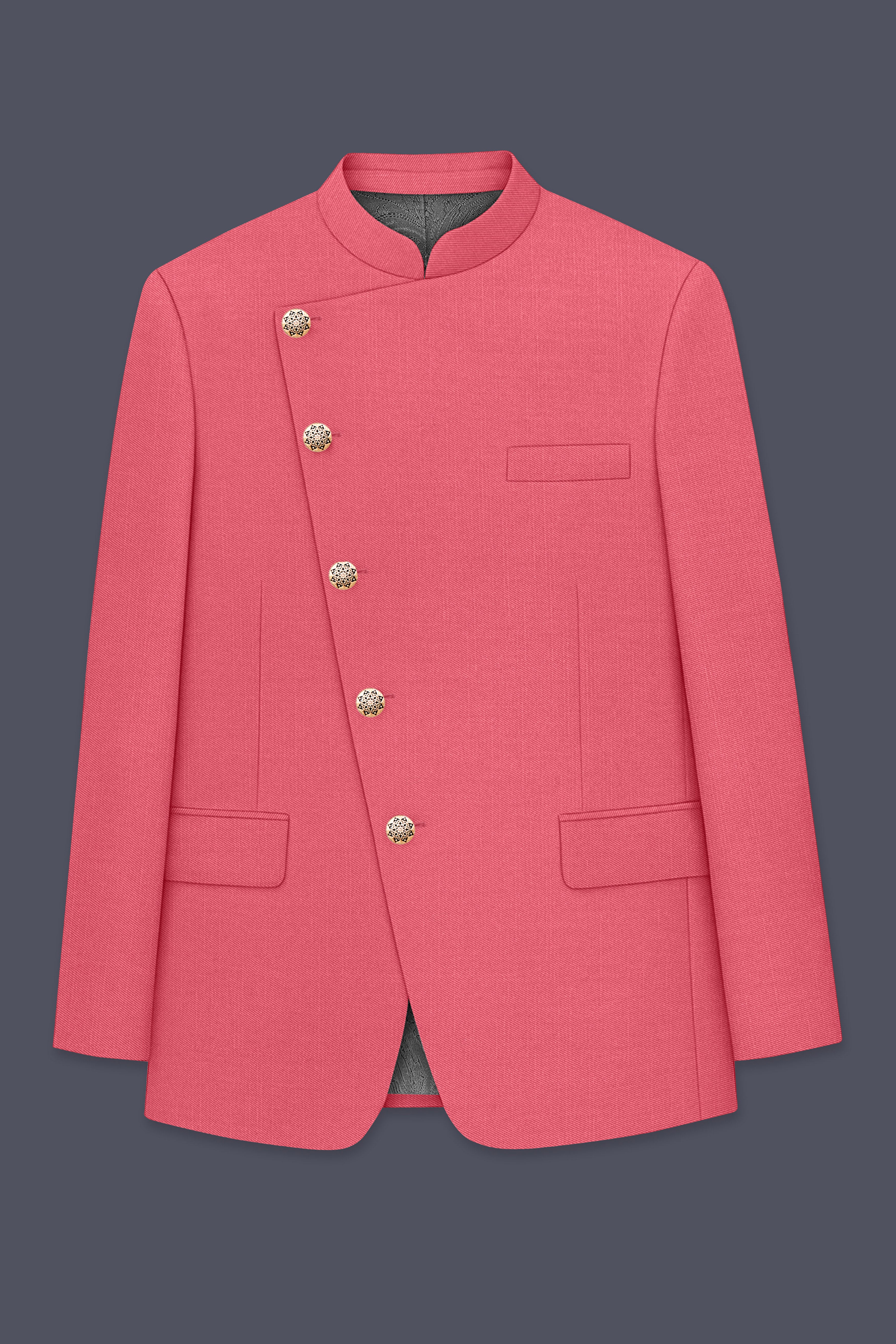 Aurerosa-Roman Pink Wool Rich Cross Placket Bandhgala Slight Stretch Blazer