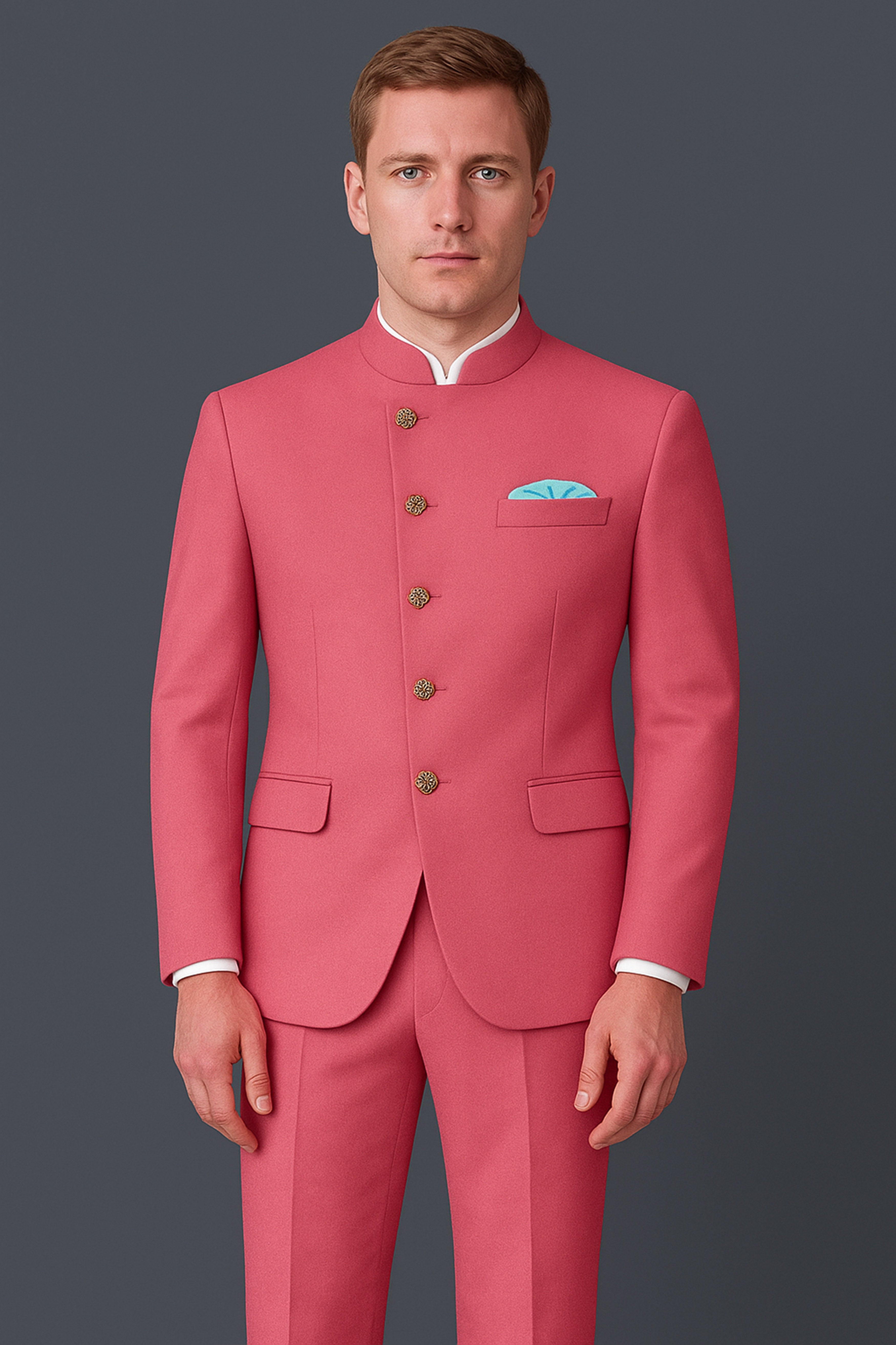 Aurerosa-Roman Pink Wool Rich Cross Placket Bandhgala Slight Stretch Blazer