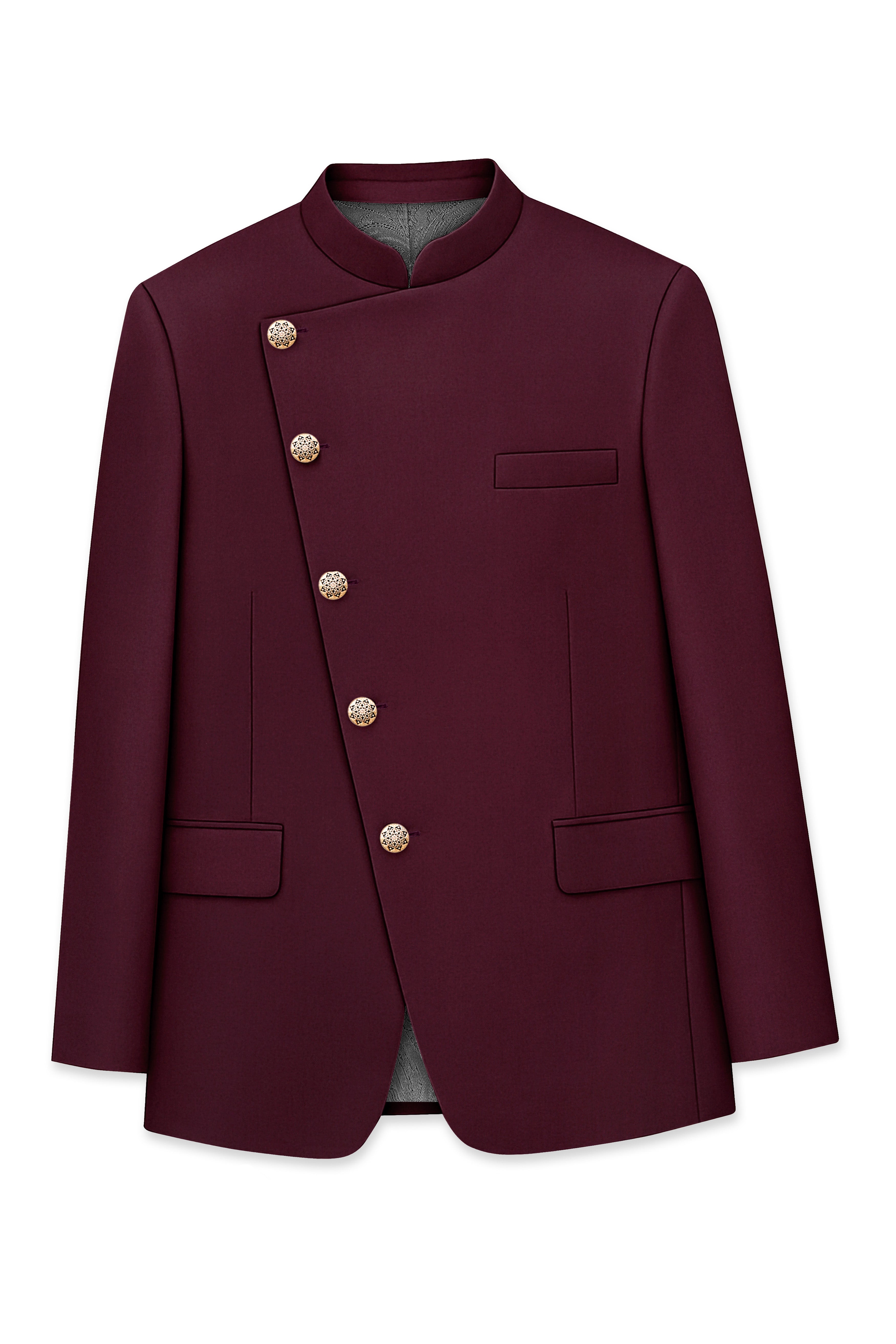 Flexmaro-Korean Crater Maroon 4-Way Stretch Wrinkle-Free Wool Rich Cross Placket Bandhgala Blazer
