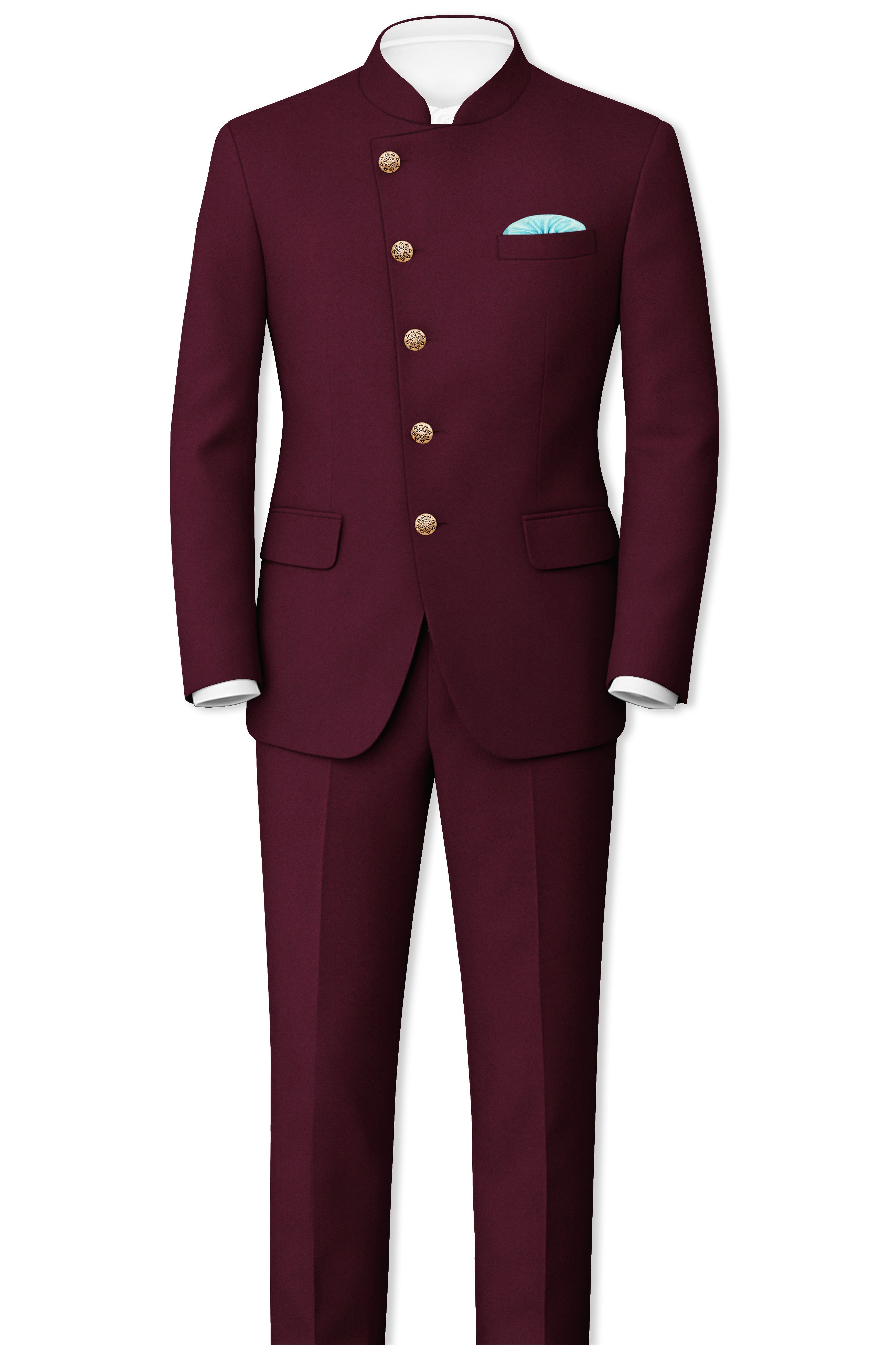 Flexmaro-Korean Crater Maroon 4-Way Stretch Wrinkle-Free Wool Rich Cross Placket Bandhgala Blazer
