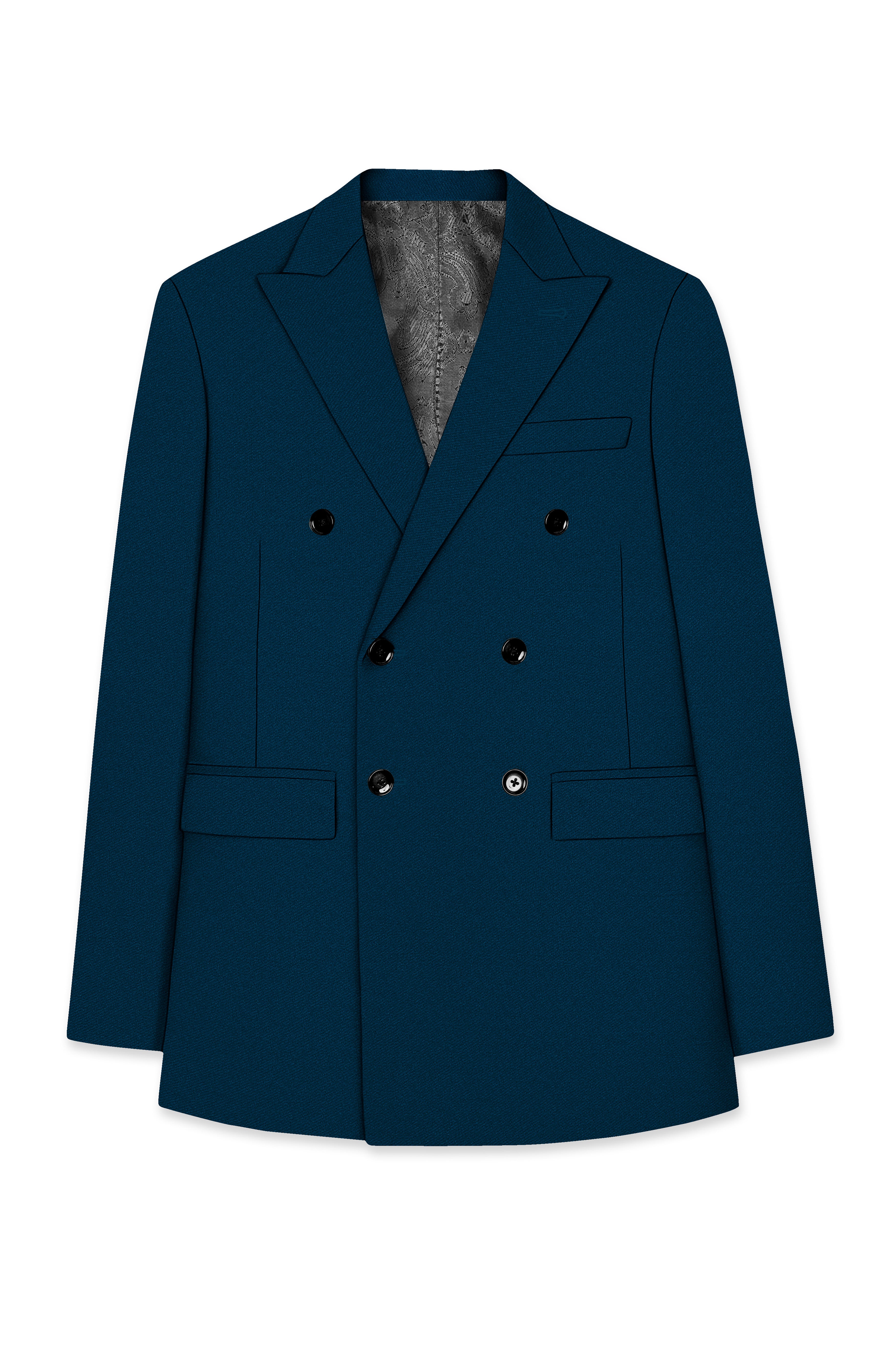 Aureblu-Korean Prussian Blue 4-Way Stretch Wool Rich Double Breasted Blazer