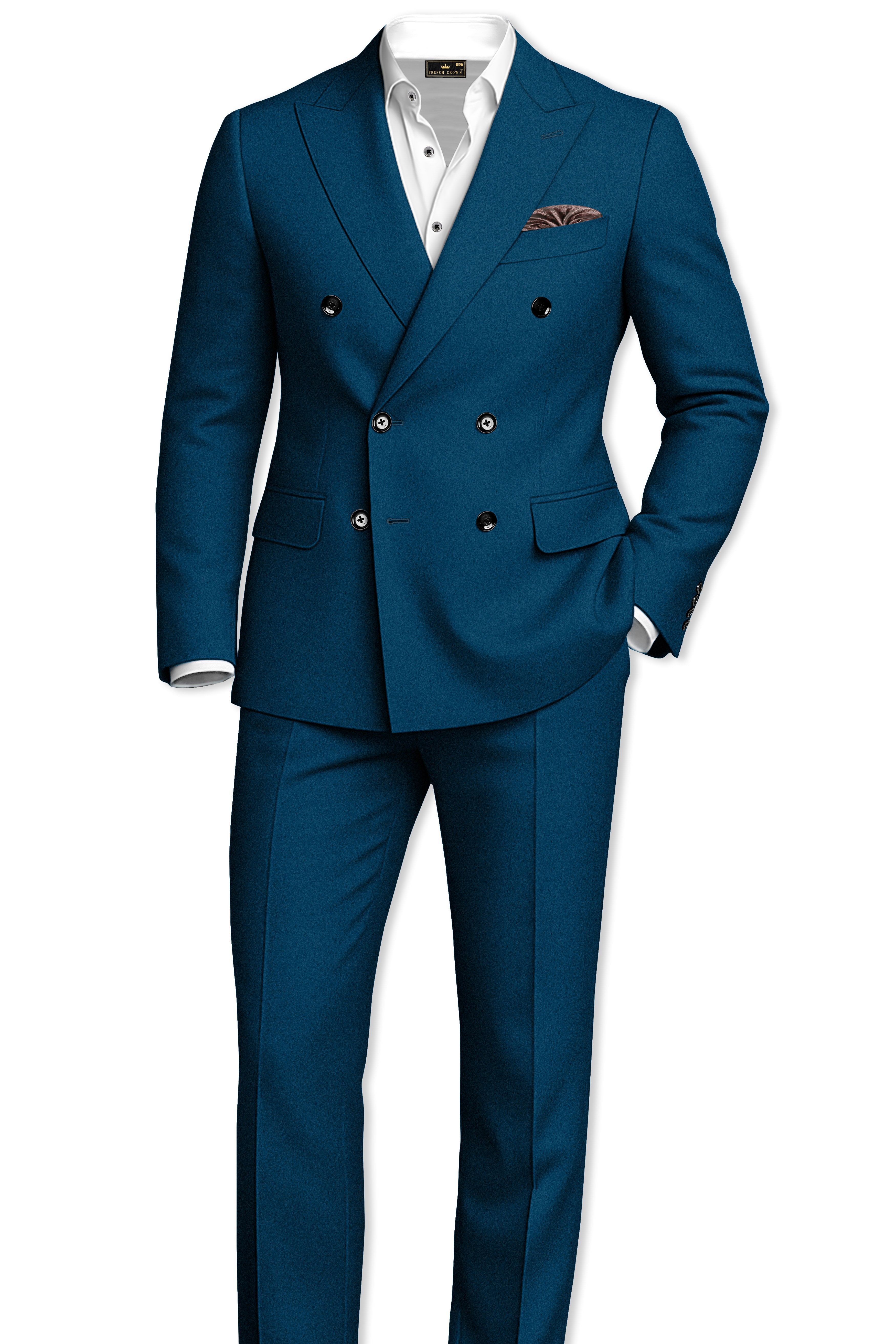 Aureblu-Korean Prussian Blue 4-Way Stretch Wool Rich Double Breasted Blazer