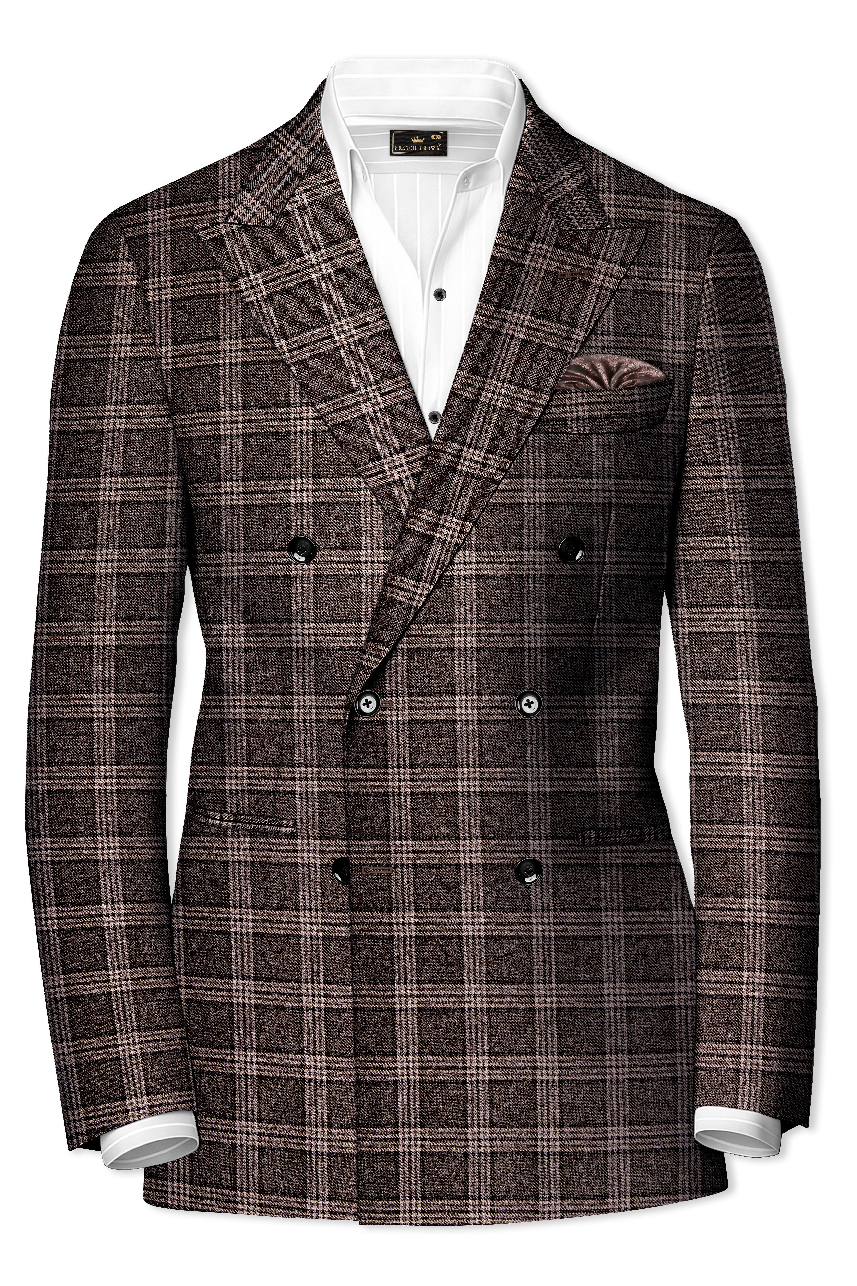 Eclenzo-Eclipse Brown Plaid Tweed Double Breasted Blazer