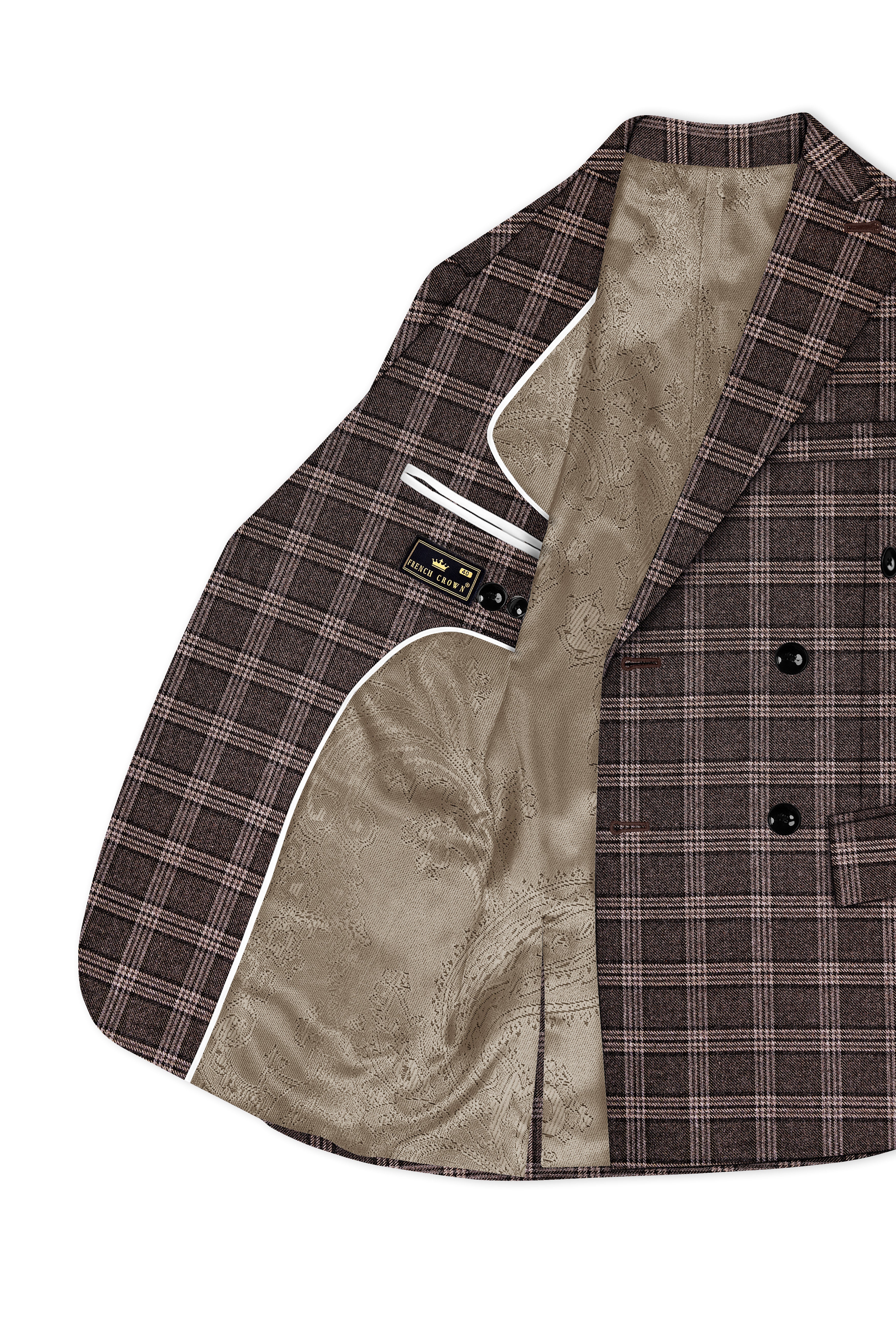 Eclenzo-Eclipse Brown Plaid Tweed Double Breasted Blazer