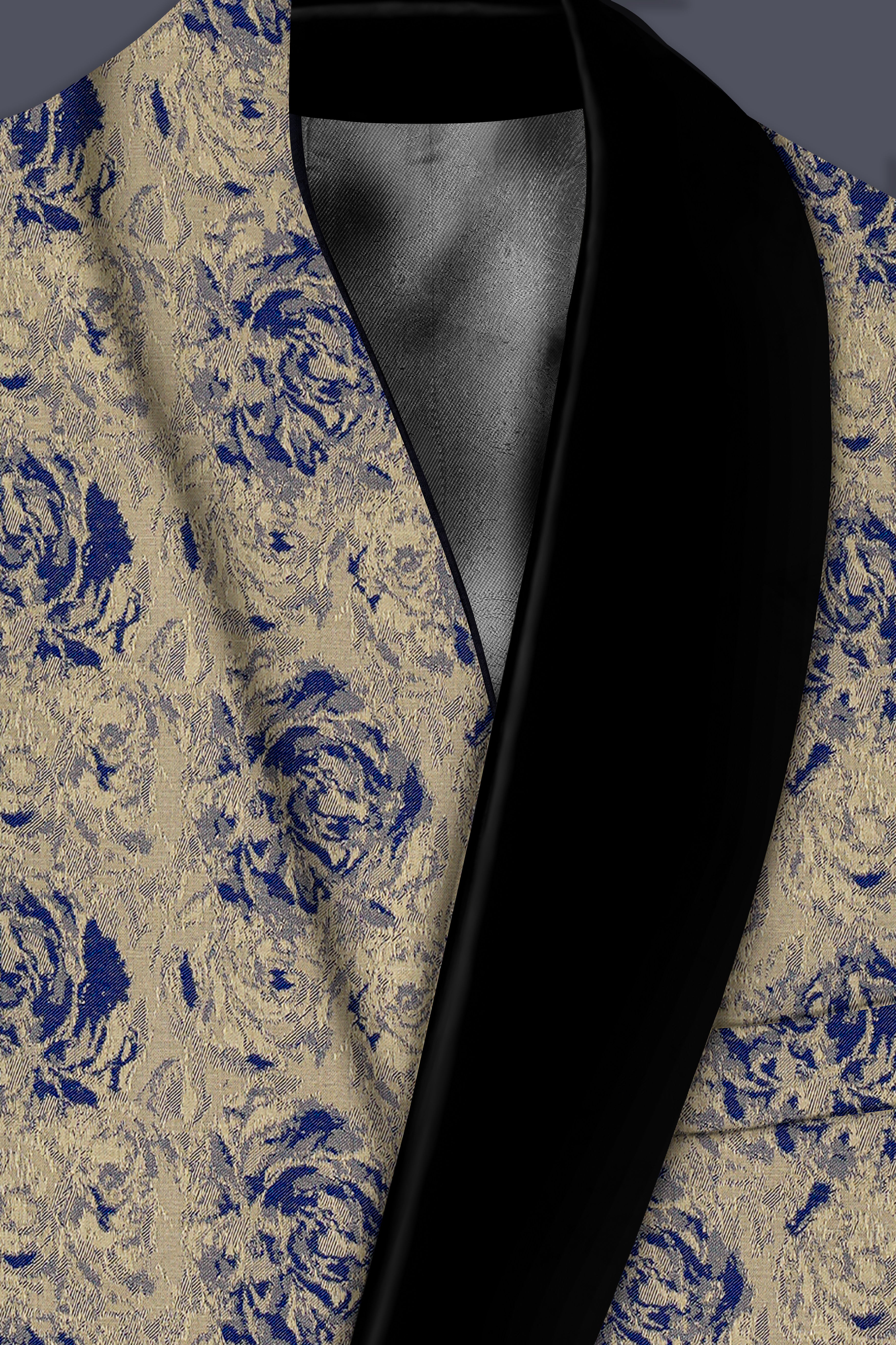 Jacqoro-Gravel Blue and Golden Jacquard Textured Tuxedo Blazer