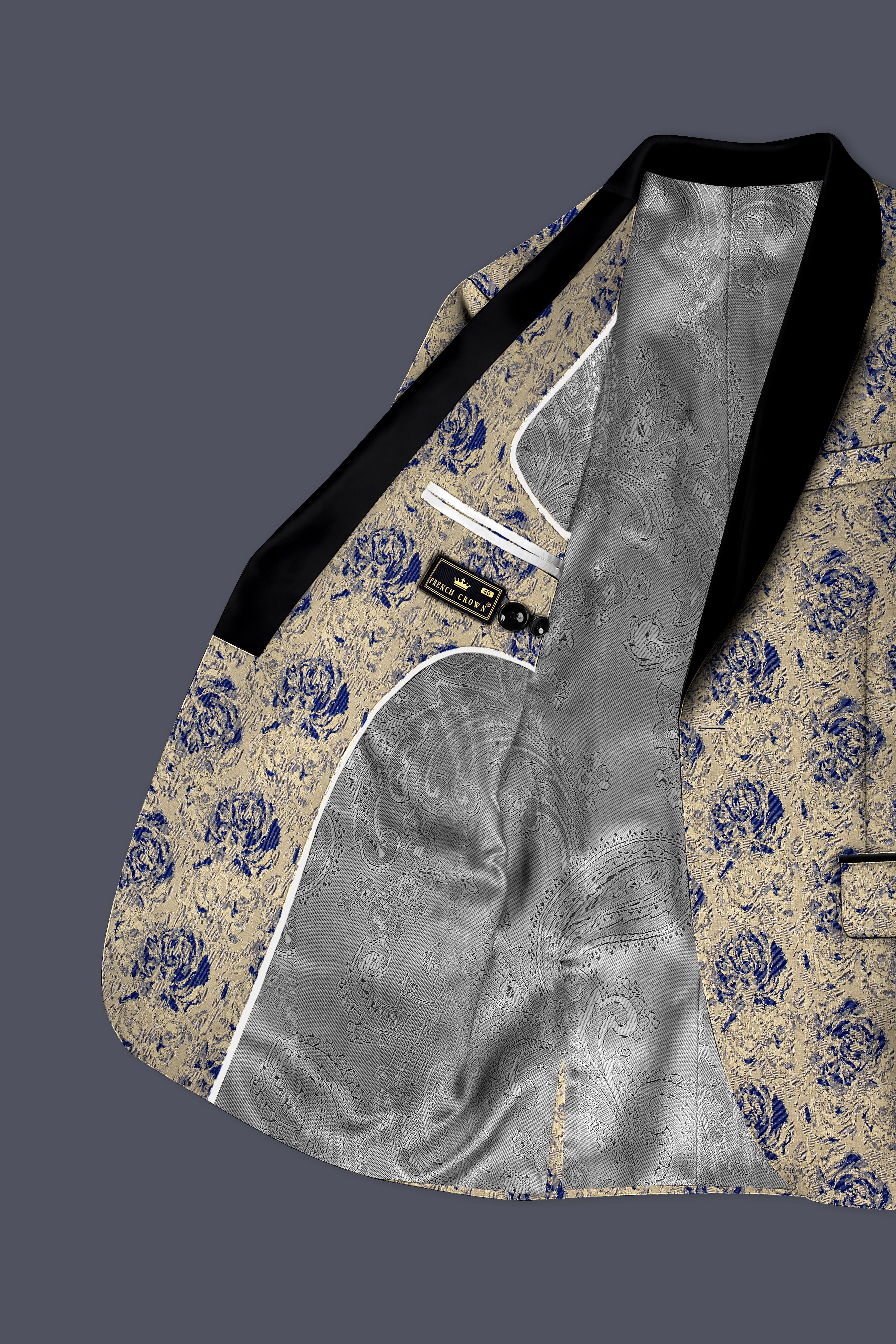 Jacqoro-Gravel Blue and Golden Jacquard Textured Tuxedo Blazer