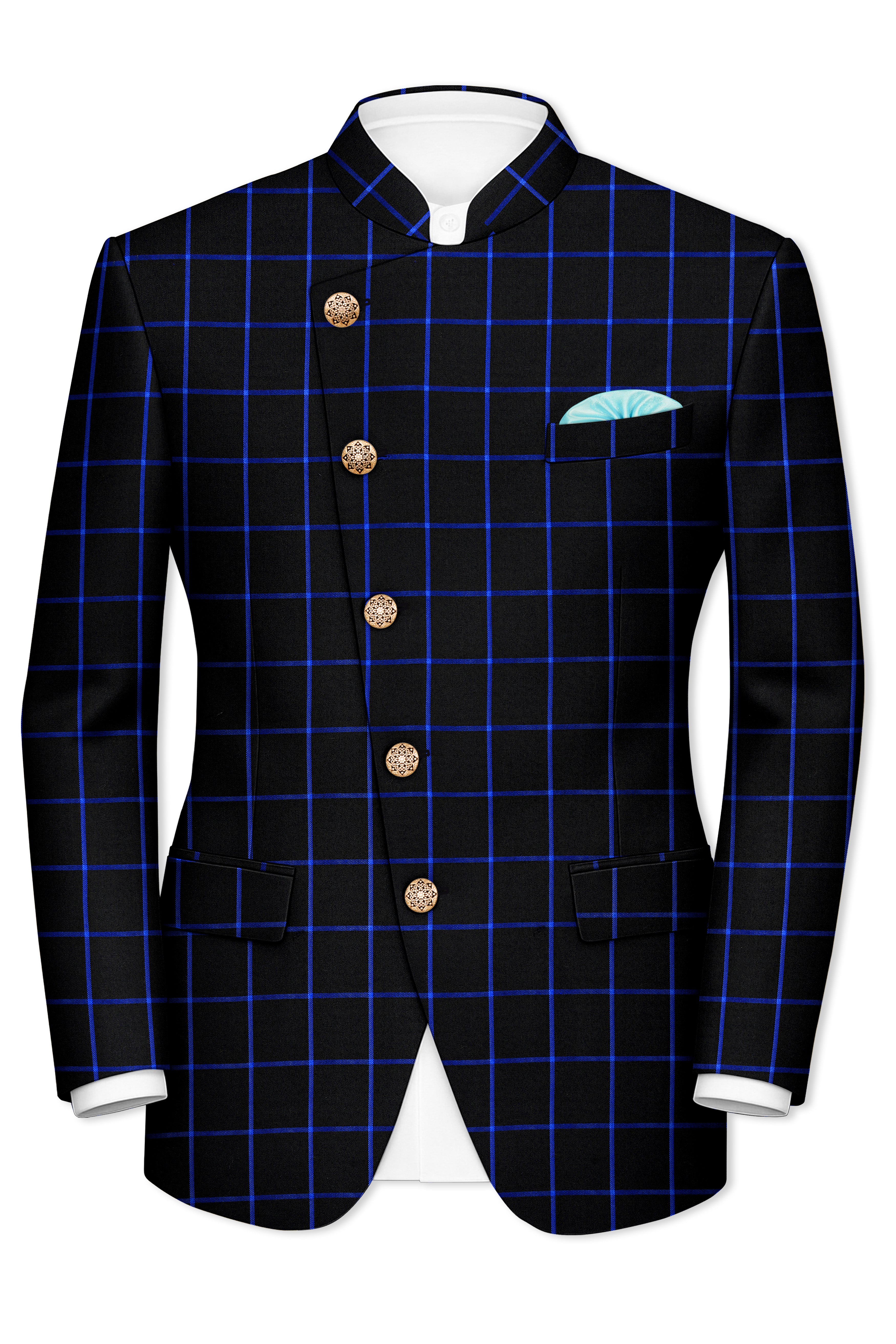 Panevoro-Jade Black With Cerulean Blue Windowpane Wool Rich Cross Placket Bandhgala Blazer