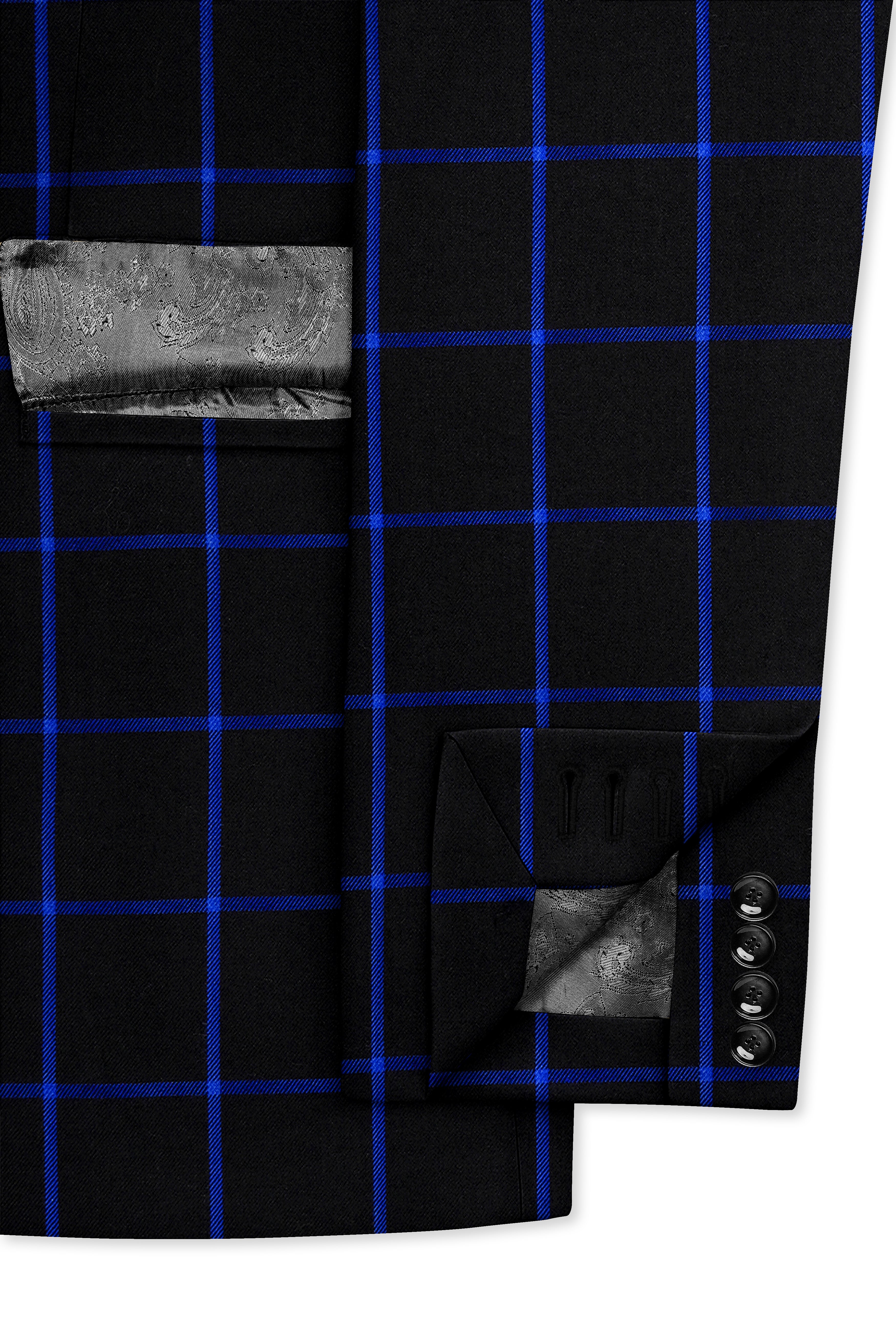 Panevoro-Jade Black With Cerulean Blue Windowpane Wool Rich Single Breasted Blazer