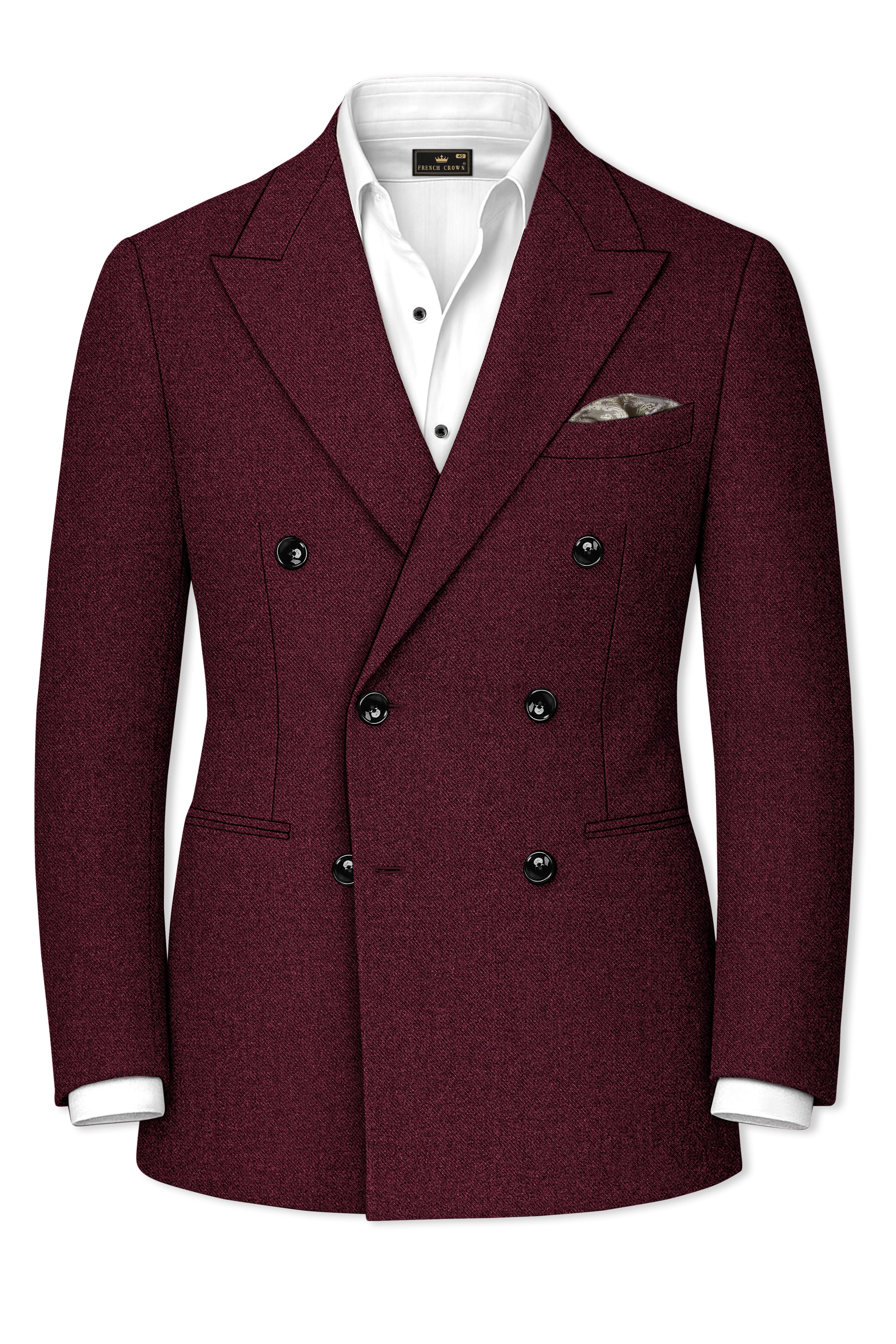 Burgvoro-Crated Maroon Textured Tweed Double Breasted Blazer