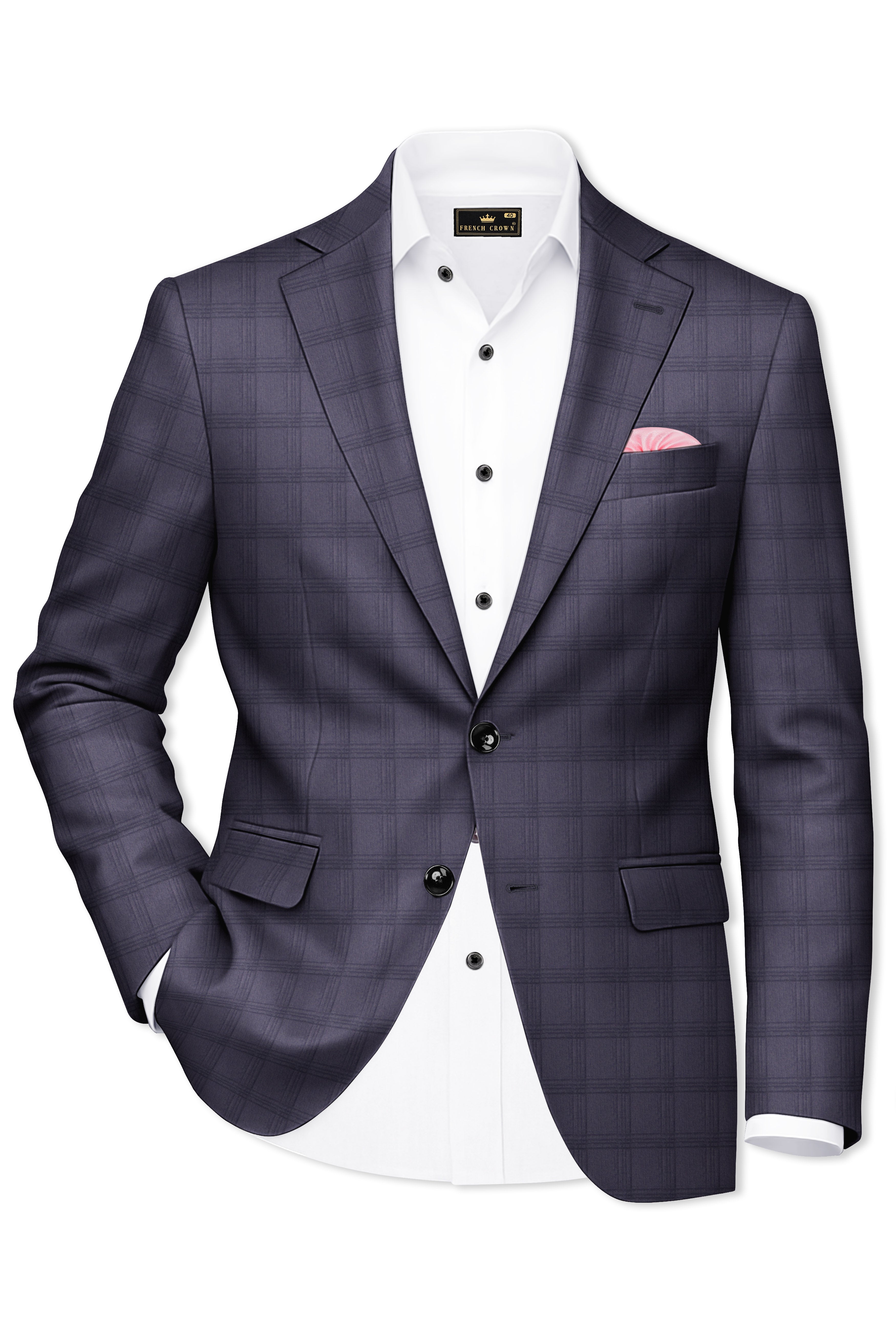 Auretuna-Tuna Blue Tonal Check Plaid Wool Rich Single Breasted Blazer