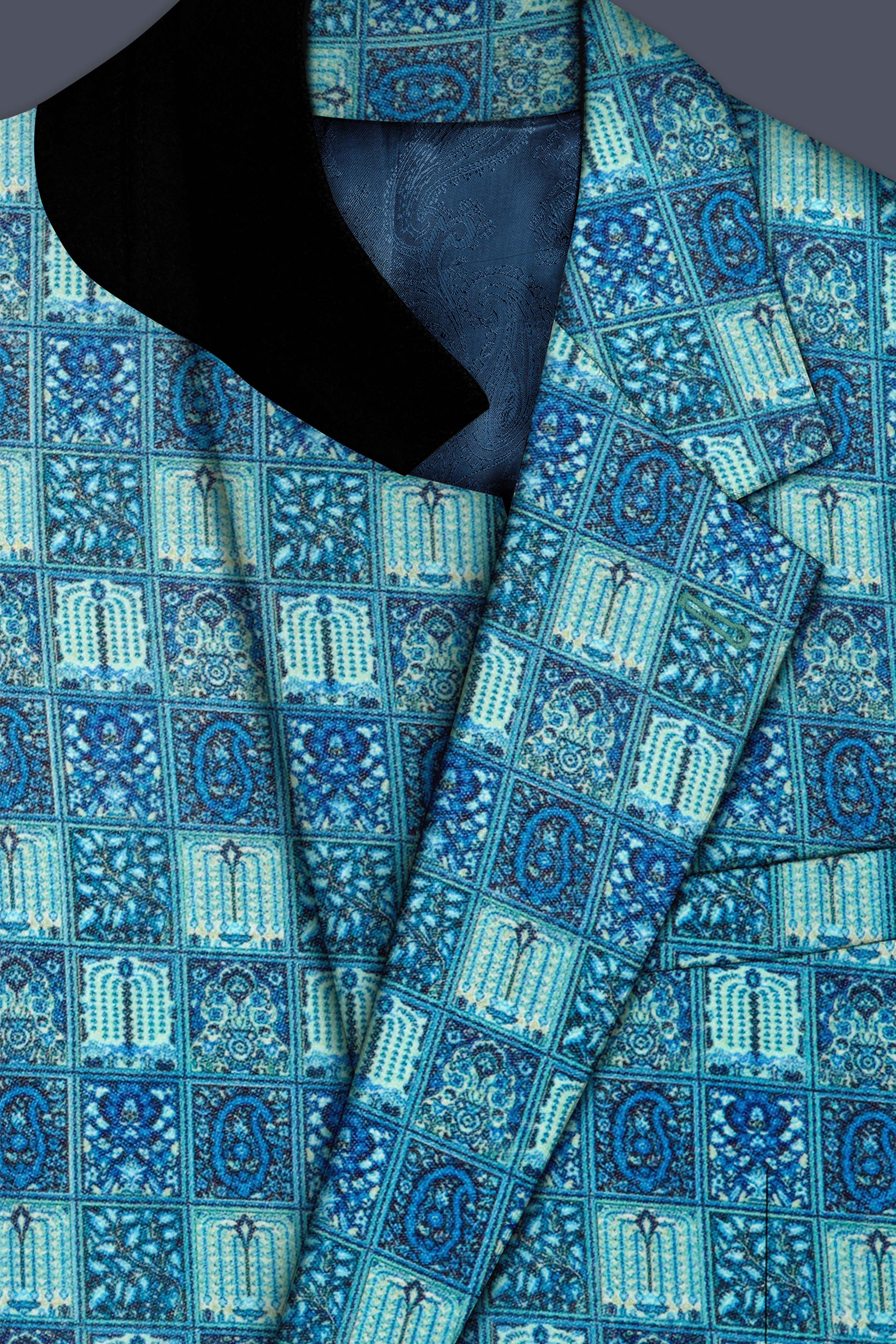 Mosaivoro-Caribbean Blue Geometric Mosaic Printed Velvet Single Breasted Blazer