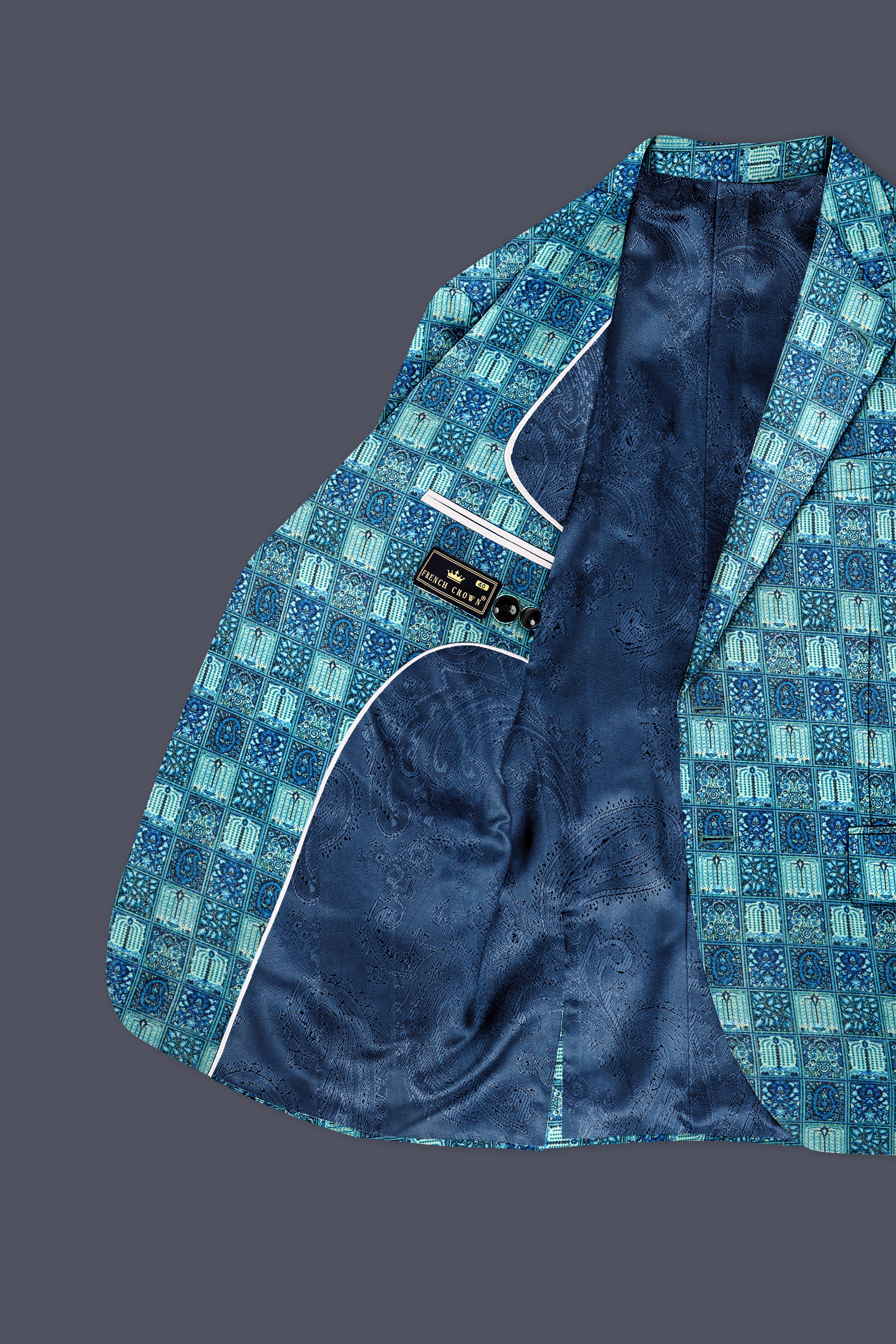 Mosaivoro-Caribbean Blue Geometric Mosaic Printed Wool Rich Single Breasted Blazer